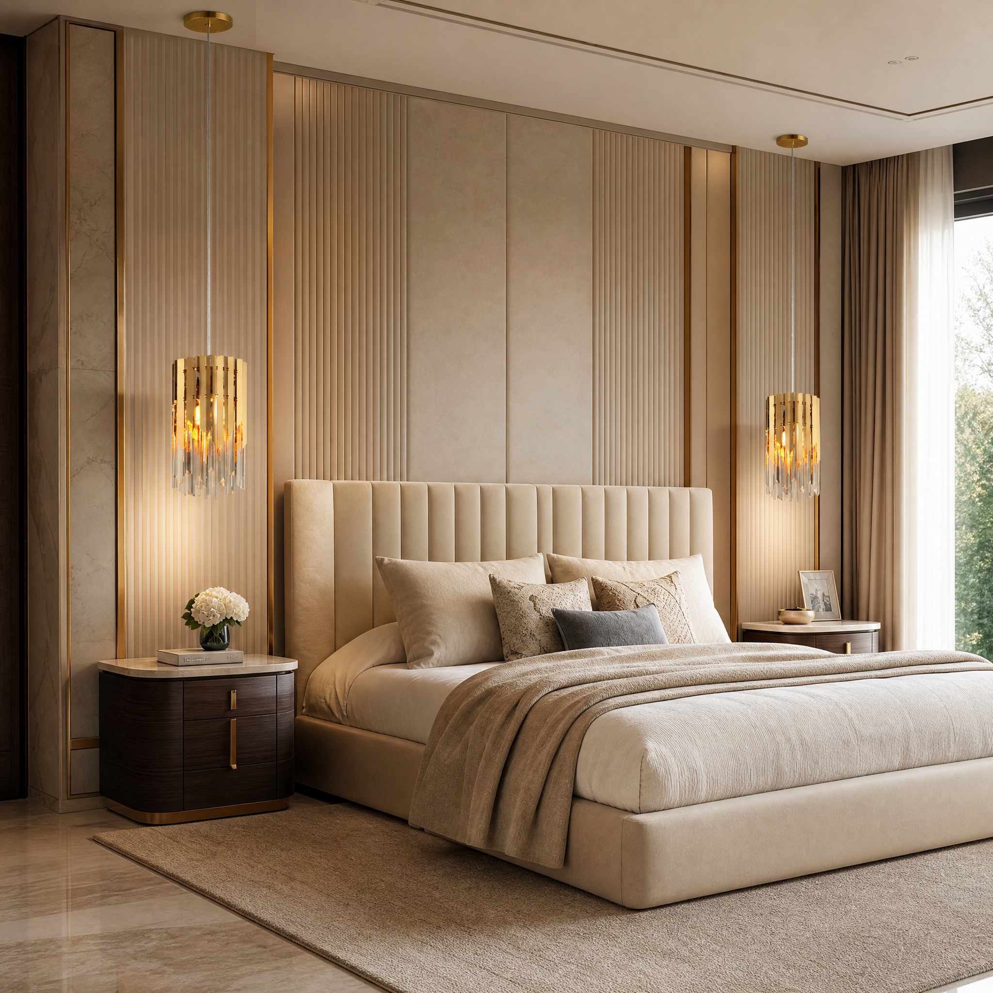 Modern upscale living room interior illuminated by the VORELLI Manhattan Pendant featuring luxury crystal bars and a sleek hexagonal frame.