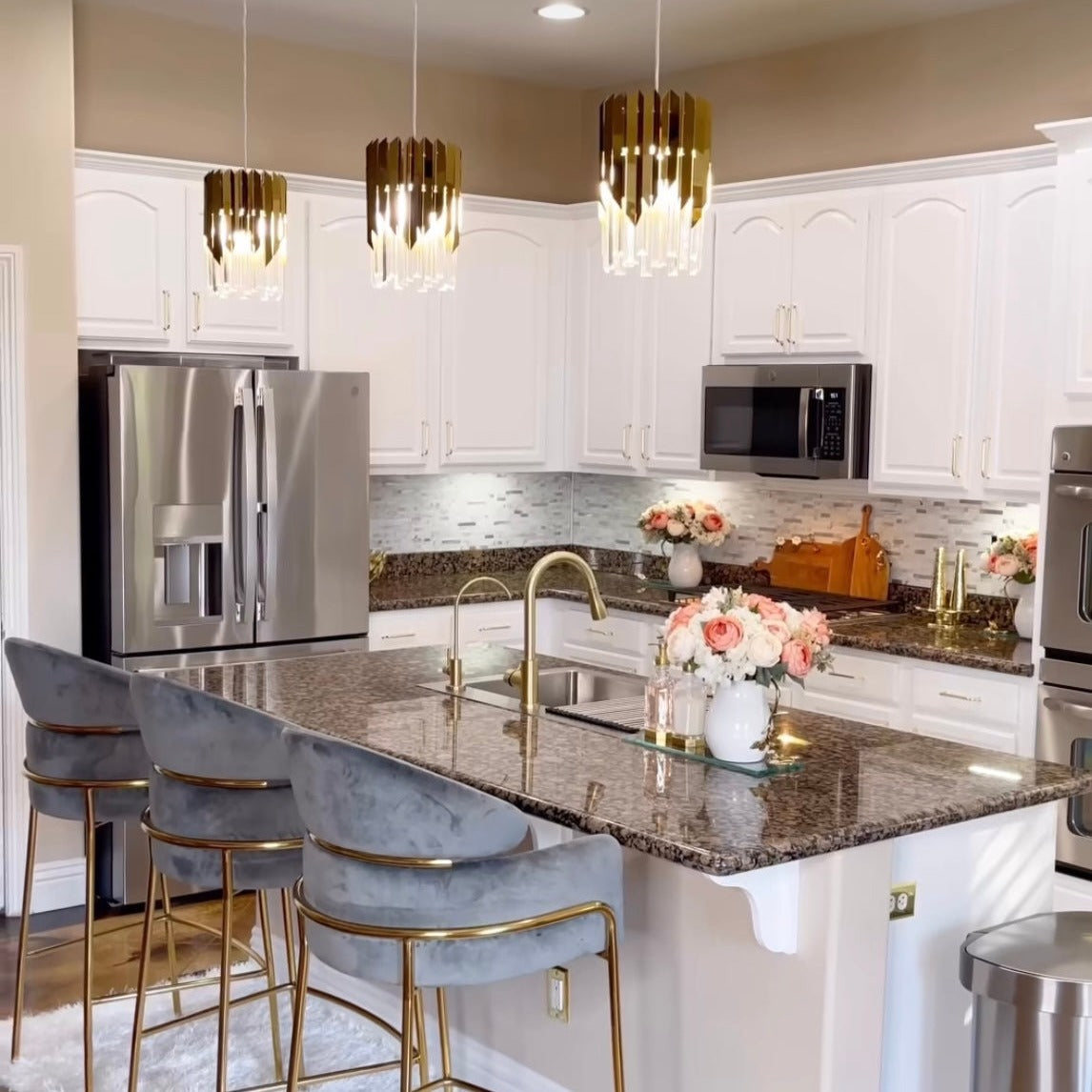 VORELLI Manhattan Pendant installed in a bright modern kitchen with elegant crystal detailing