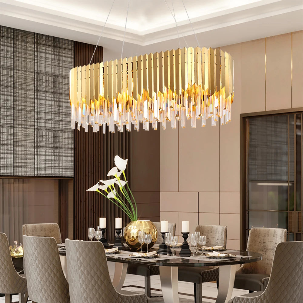 VORELLI Manhattan Rectangular Chandelier with cascading crystal bars above a luxury dining table in a modern interior
