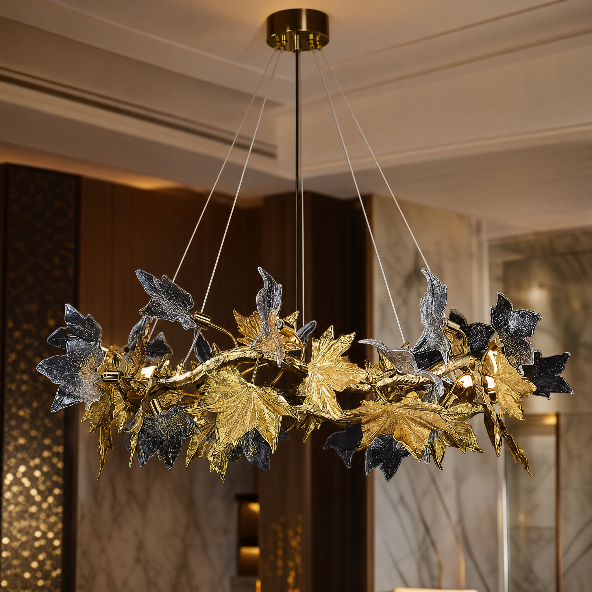 A detailed close-up shot of the VORELLI Maple Grove Circular Chandelier III highlighting its flowing branch structures and delicately layered leaf elements.