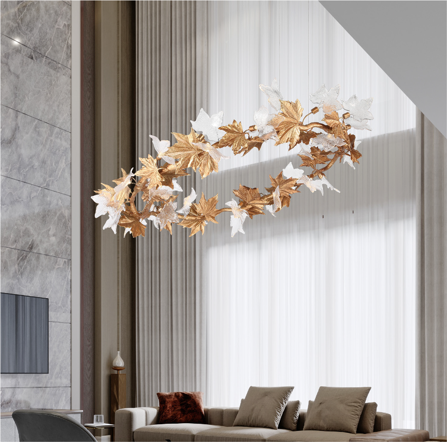 Designer circular chandelier creating ambient lighting in luxury living room