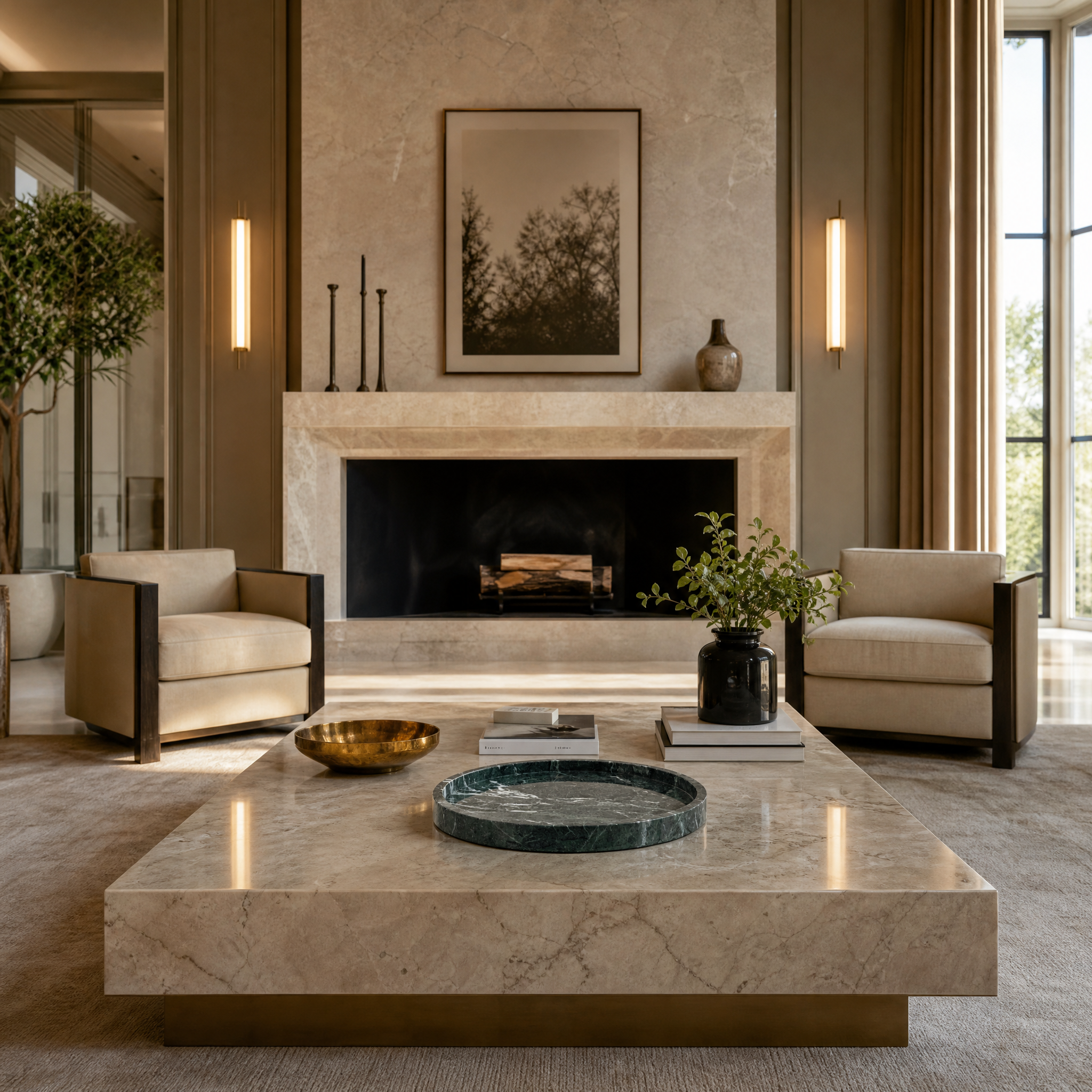 Vorelli Marbella round green marble tray styled on a modern living room coffee table in a luxury residential home.