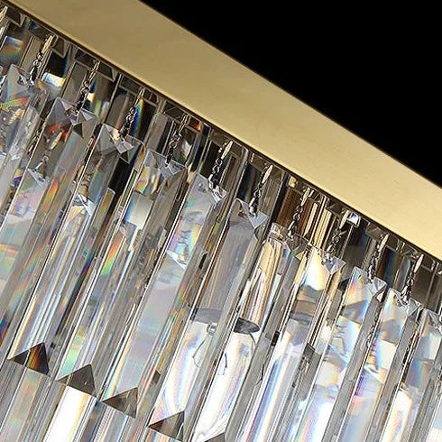 Close view of tiered crystal bars on the VORELLI Margoux square ceiling light highlighting brilliance clarity and refined craftsmanship