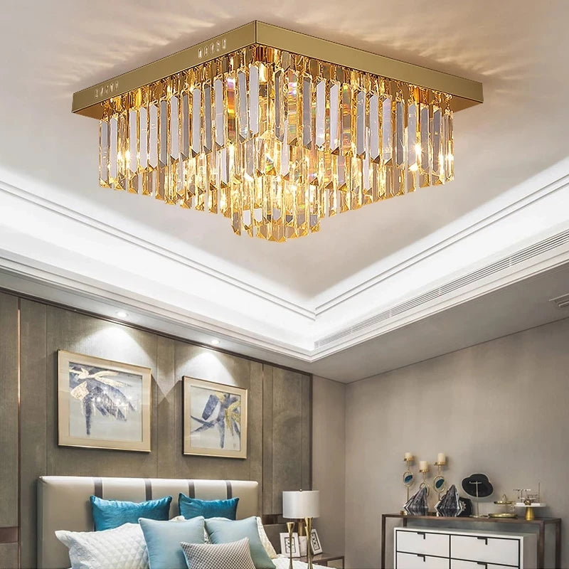 VORELLI Margoux crystal square ceiling light installed in an elegant bedroom delivering sophisticated ambient lighting and modern luxury