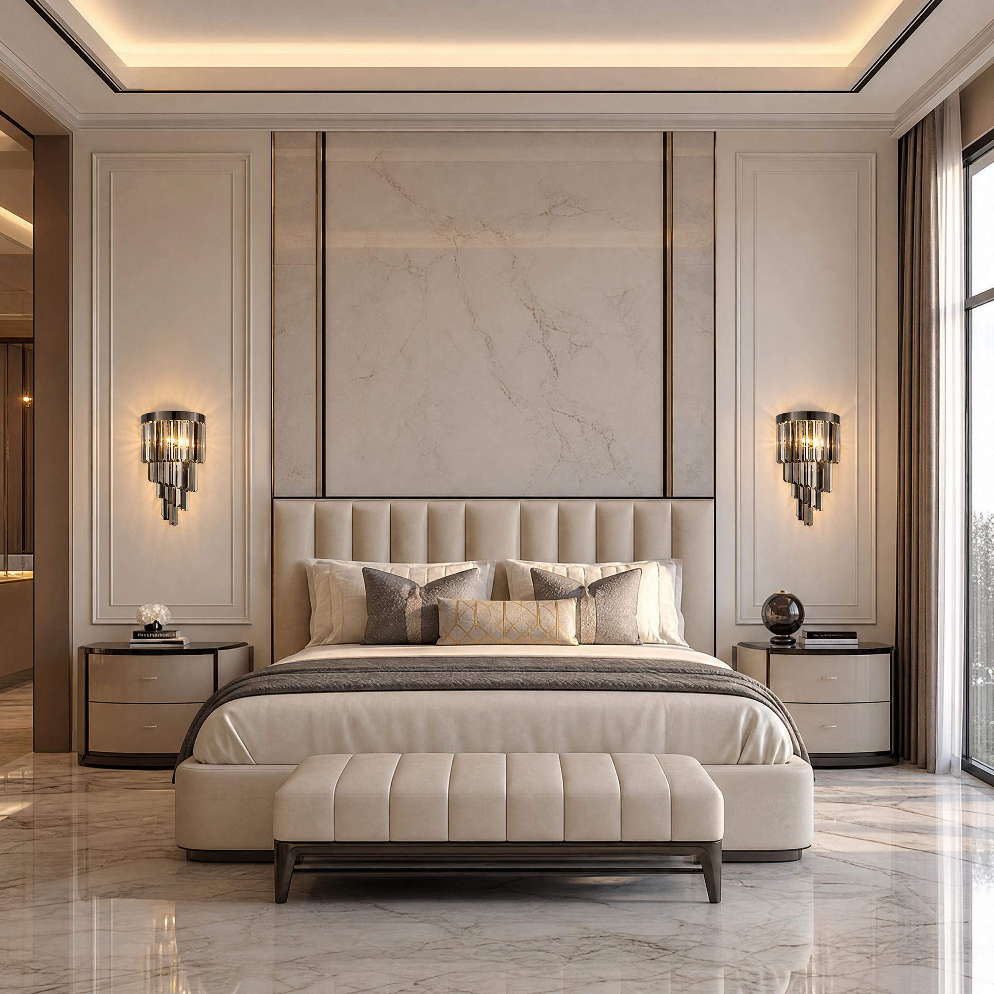 The VORELLI Margoux Large Wall Light casting a warm ambient glow on the wall of a luxury residential living room interior.