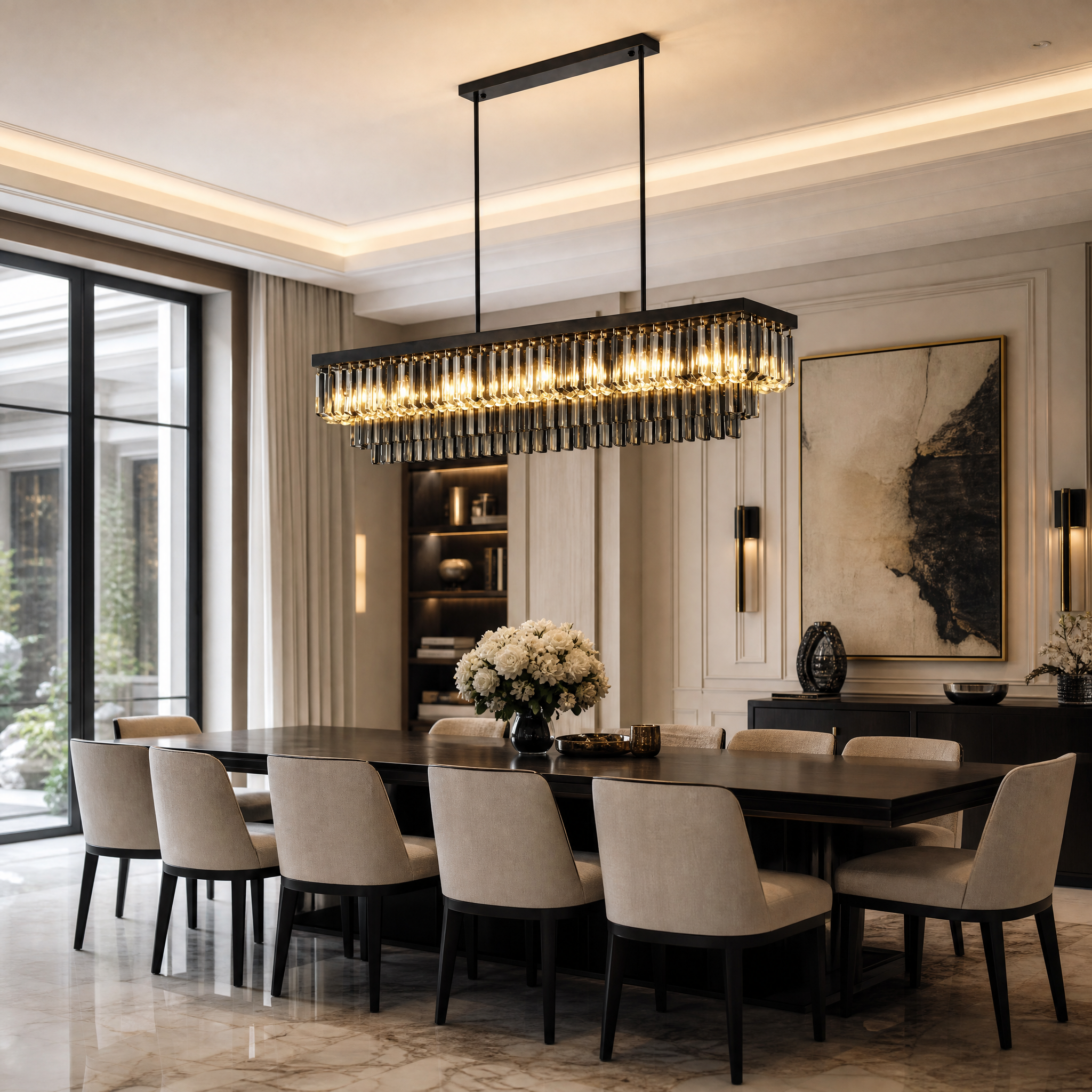 VORELLI Margoux rectangular crystal chandelier illuminating a modern luxury residential dining room with an elegant glow.