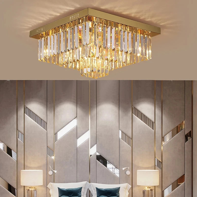 VORELLI Margoux square ceiling light with tiered crystal bars creating warm luxurious illumination in a refined bedroom interior