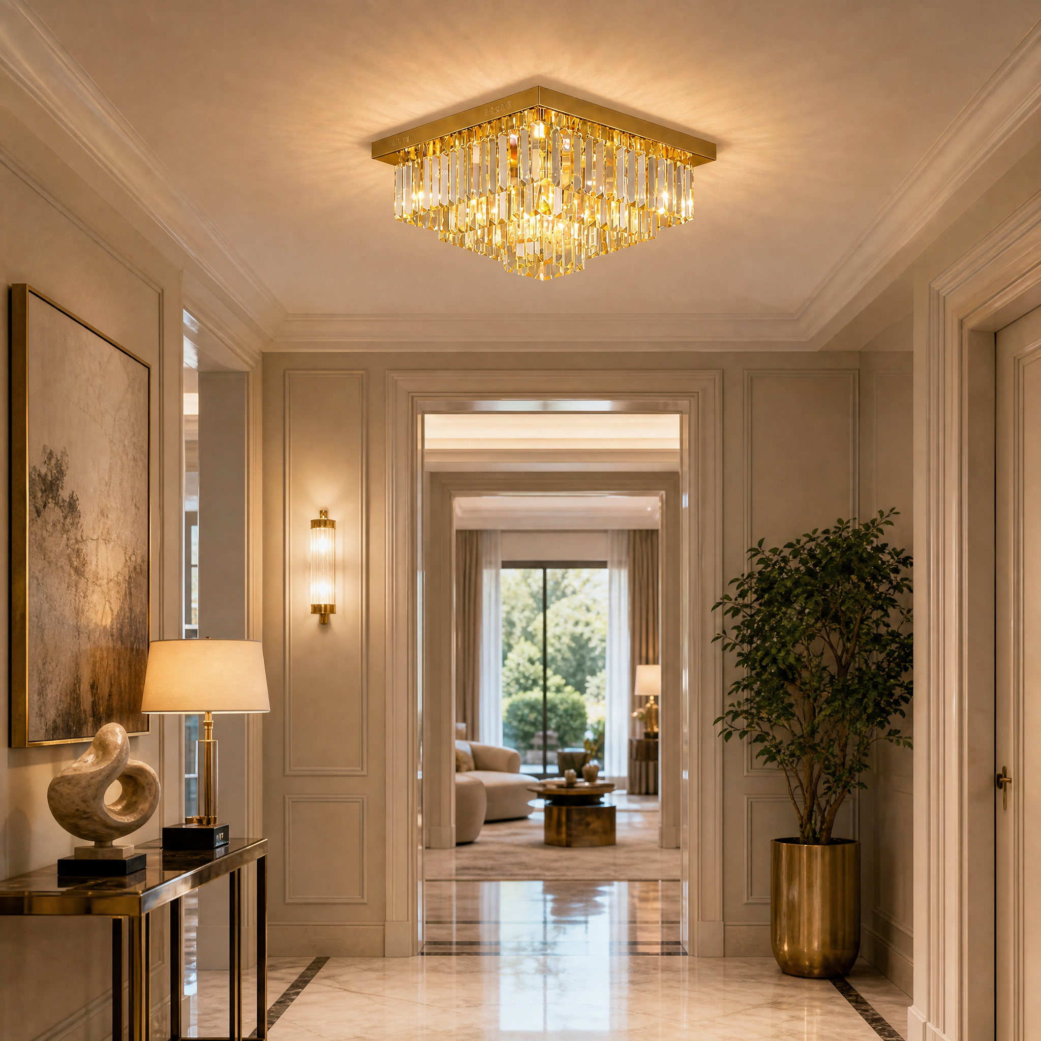 VORELLI Margoux square crystal ceiling light illuminating a luxury residential living room with sophisticated tiers of crystal bars.