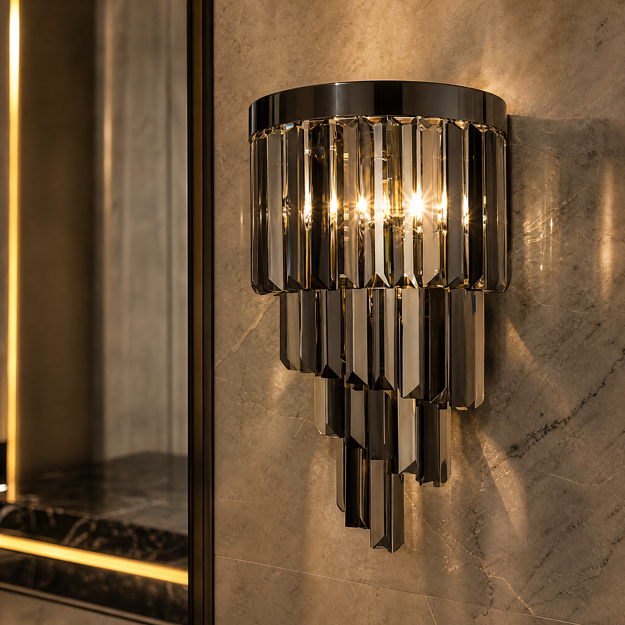 Macro closeup of the VORELLI Margoux Wall Light showcasing the intricate, sleek crystal bars and classic design details.