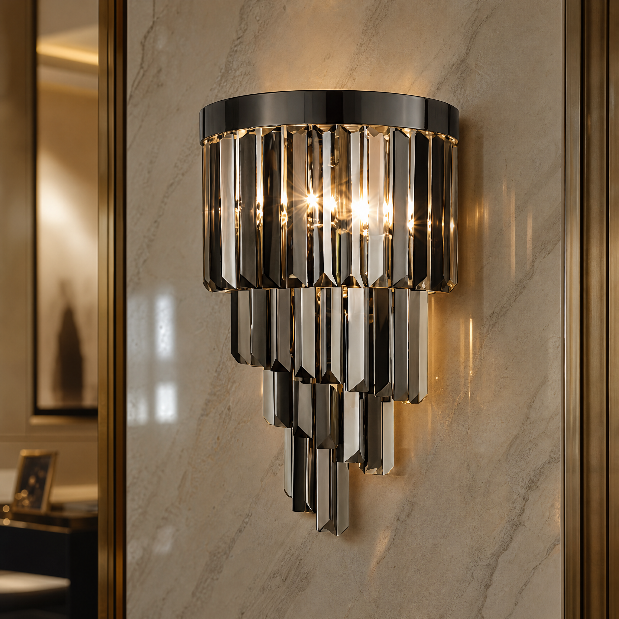 Close-up detail of the smoky grey crystal bars on the VORELLI Margoux Large Wall Light showing the refined tiered composition.