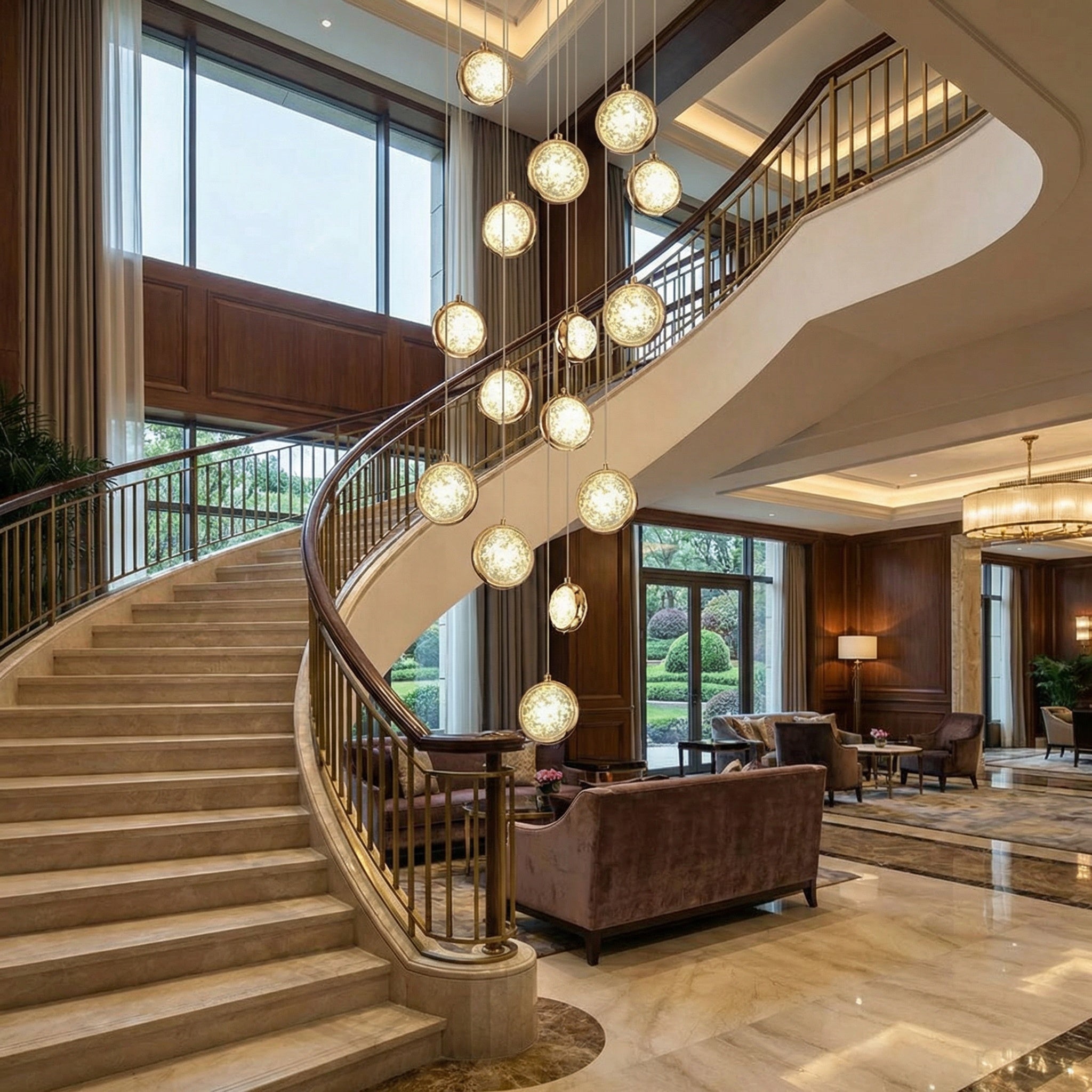 VORELLI® Marlow pendant staircase chandelier with suspended glowing spheres creating elegant luxury lighting for grand staircases and entrance halls