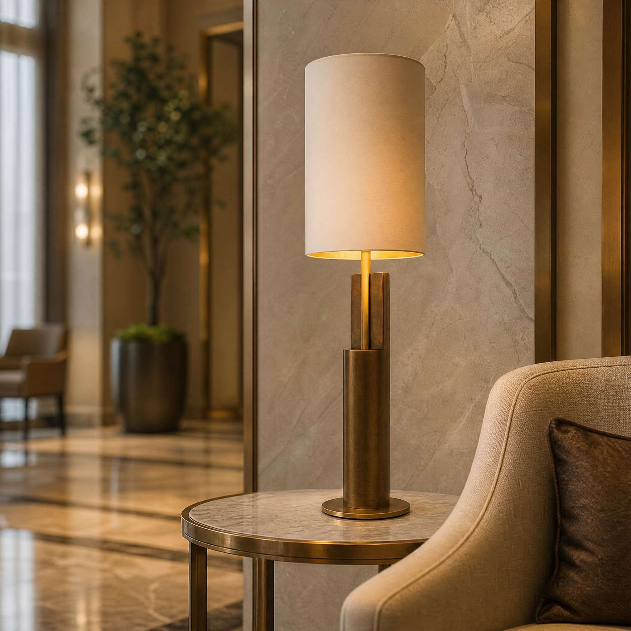 A luxury hotel bedside setup featuring the Marvello antique brass table lamp casting soft light in a hospitality suite.