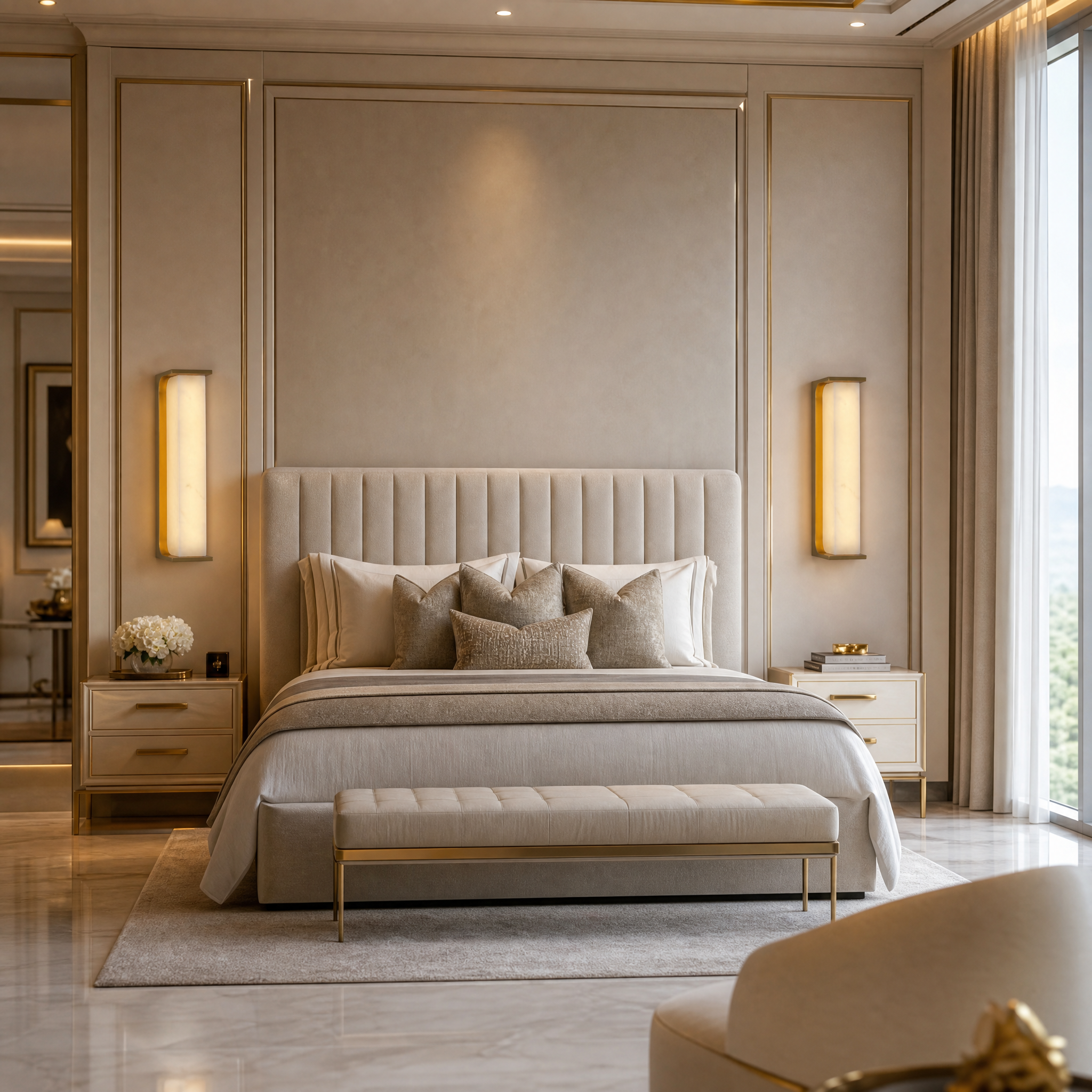 VORELLI Matera marble wall light casting a warm, inviting glow on a modern living room wall, accentuating its curved silhouette and contemporary Italian design.