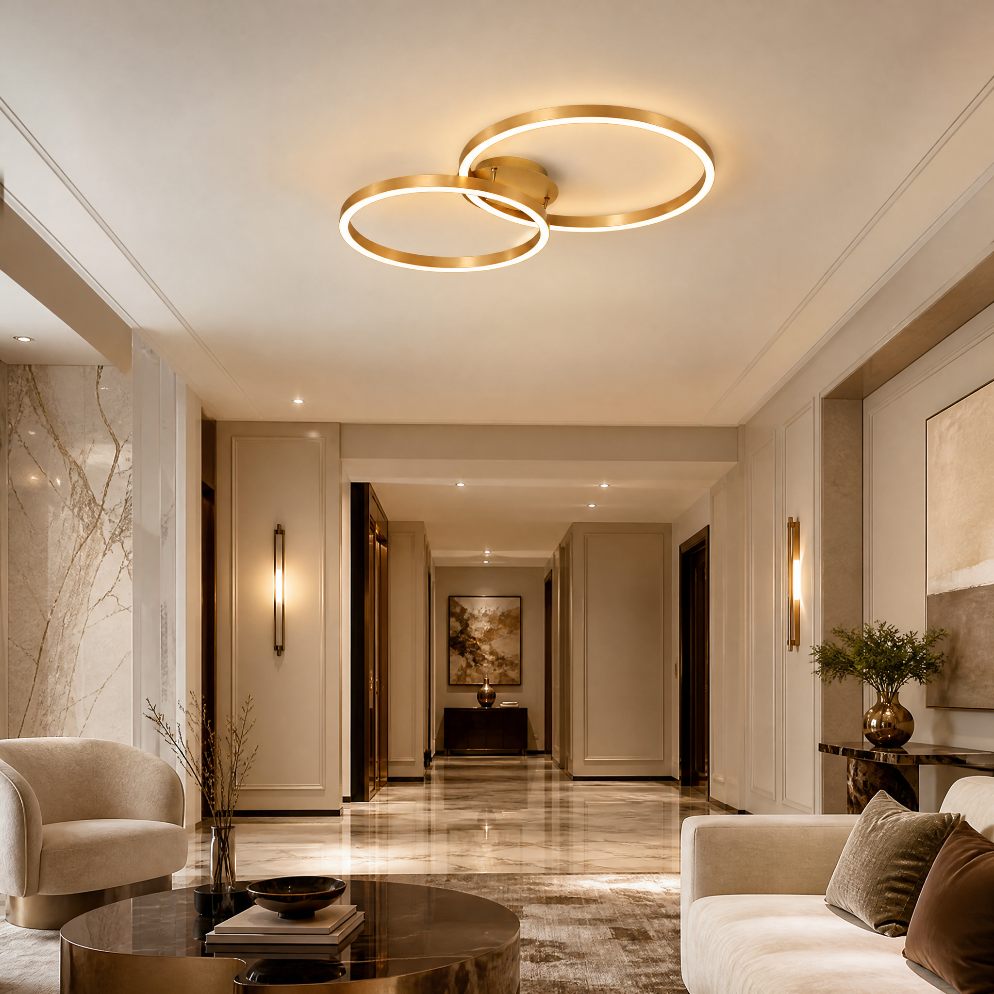 VORELLI Maumelle modern LED ring ceiling light illuminating a luxury residential living room with sophisticated, contemporary elegance.