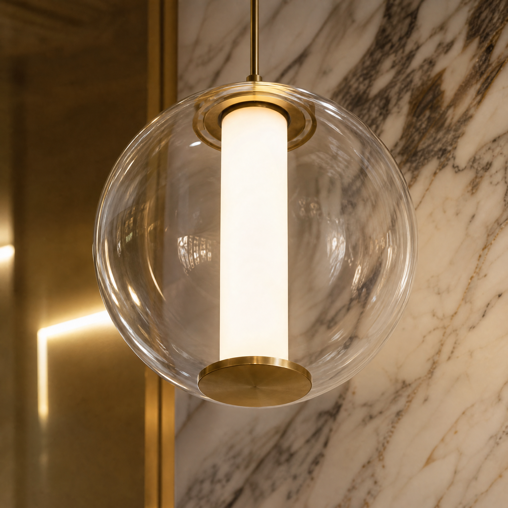 Detailed close-up shot of the Maximus Marble Pendant Light showcasing the sculptural marble cylinder and seamless glass globe.