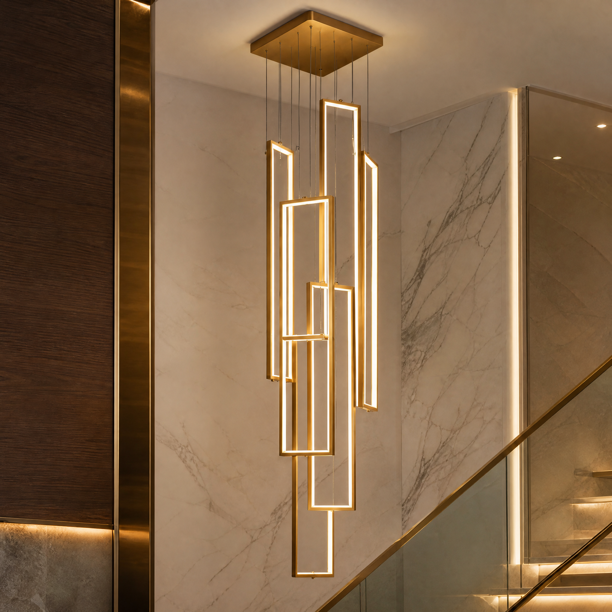 Close-up view of the VORELLI Mayfair pendant chandelier's sleek geometric frame and cutting-edge LED light technology.