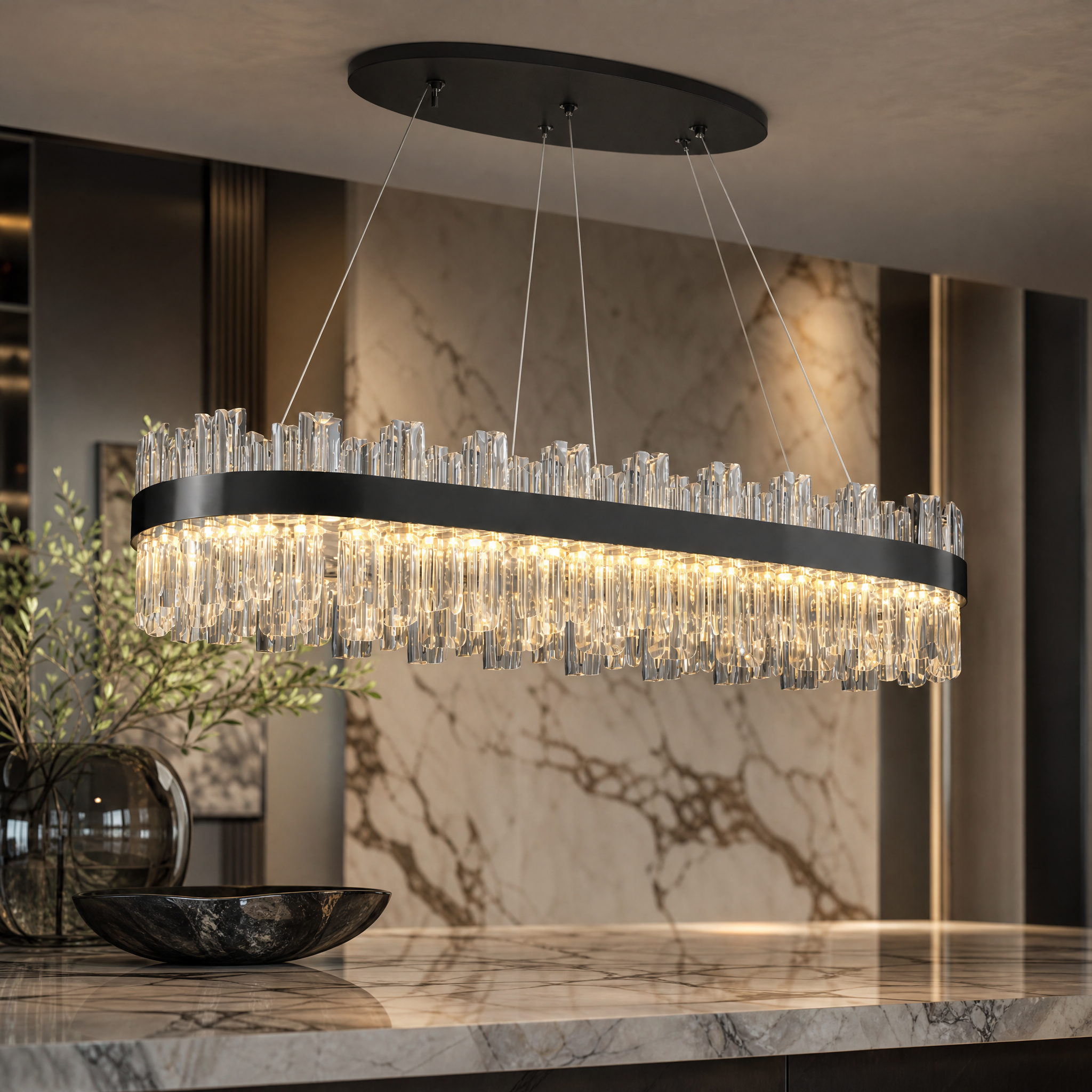 A macro close-up showcasing the premium crystal bars extending gracefully from the top and bottom of the VORELLI Medina chandelier's polished stainless steel frame.