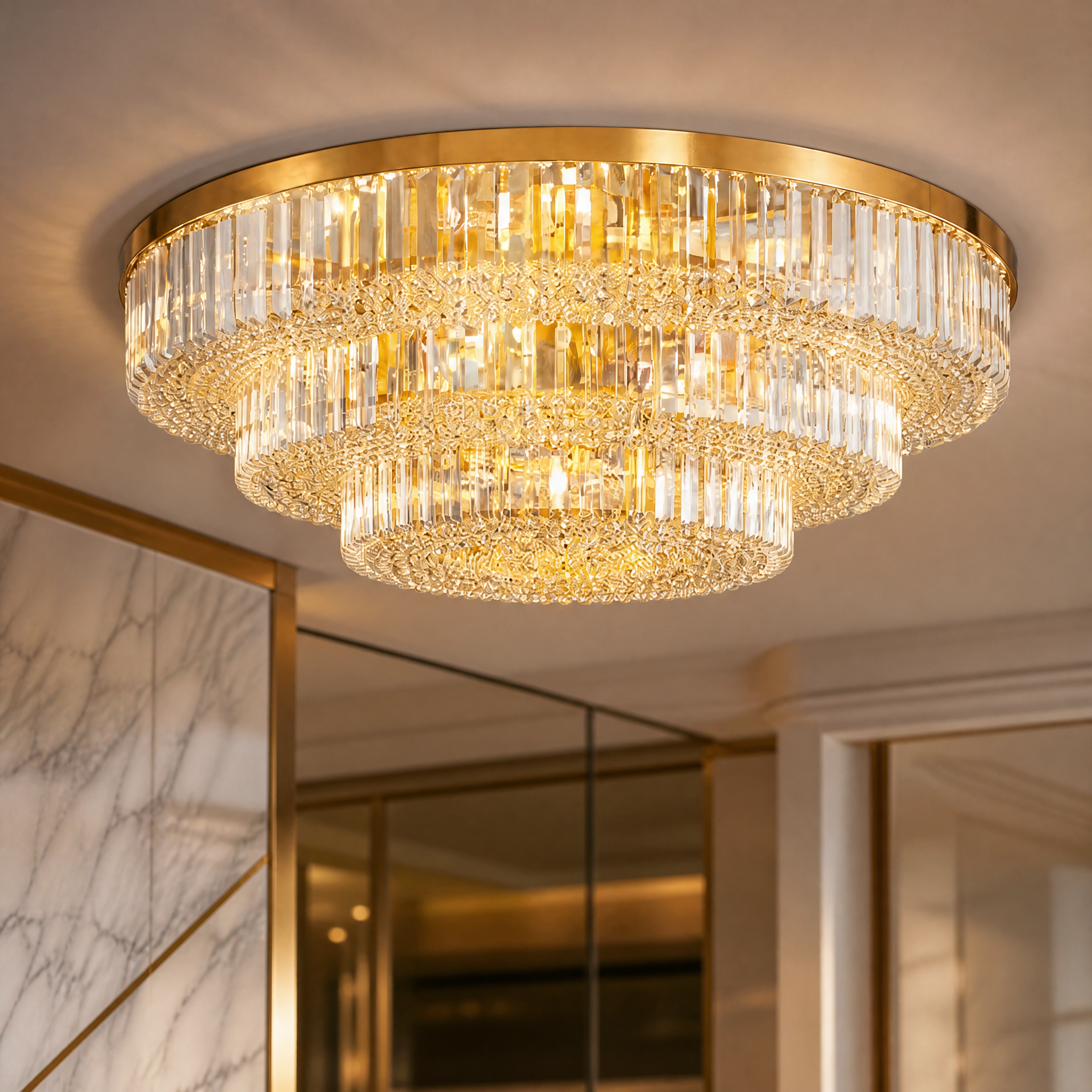 Macro close-up shot focusing on the shimmering crystal bars and elegant metallic framework of the VORELLI Merlimont ceiling light.