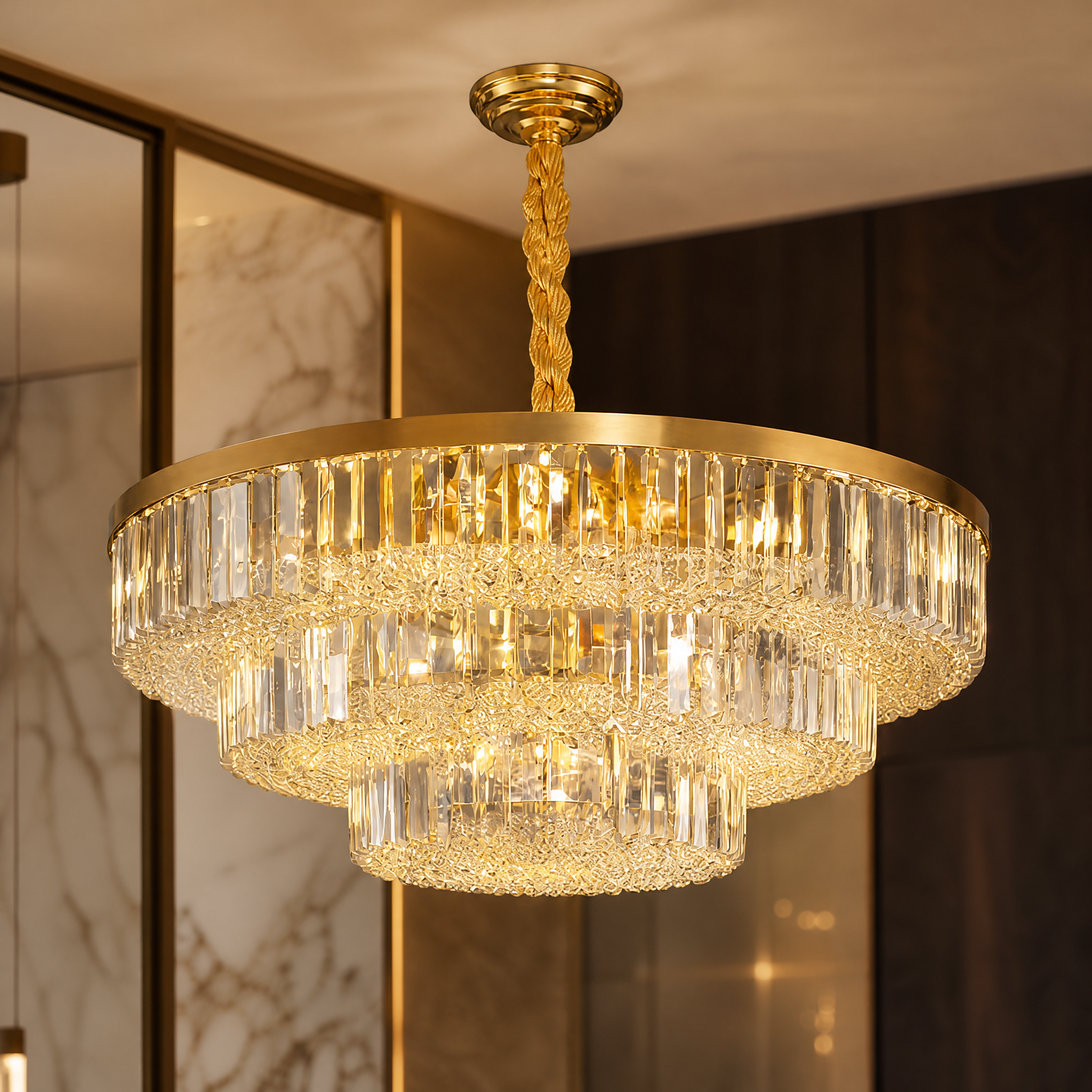 A detailed closeup of the shimmering crystal bars and refined design on the VORELLI Merlimont circular chandelier.