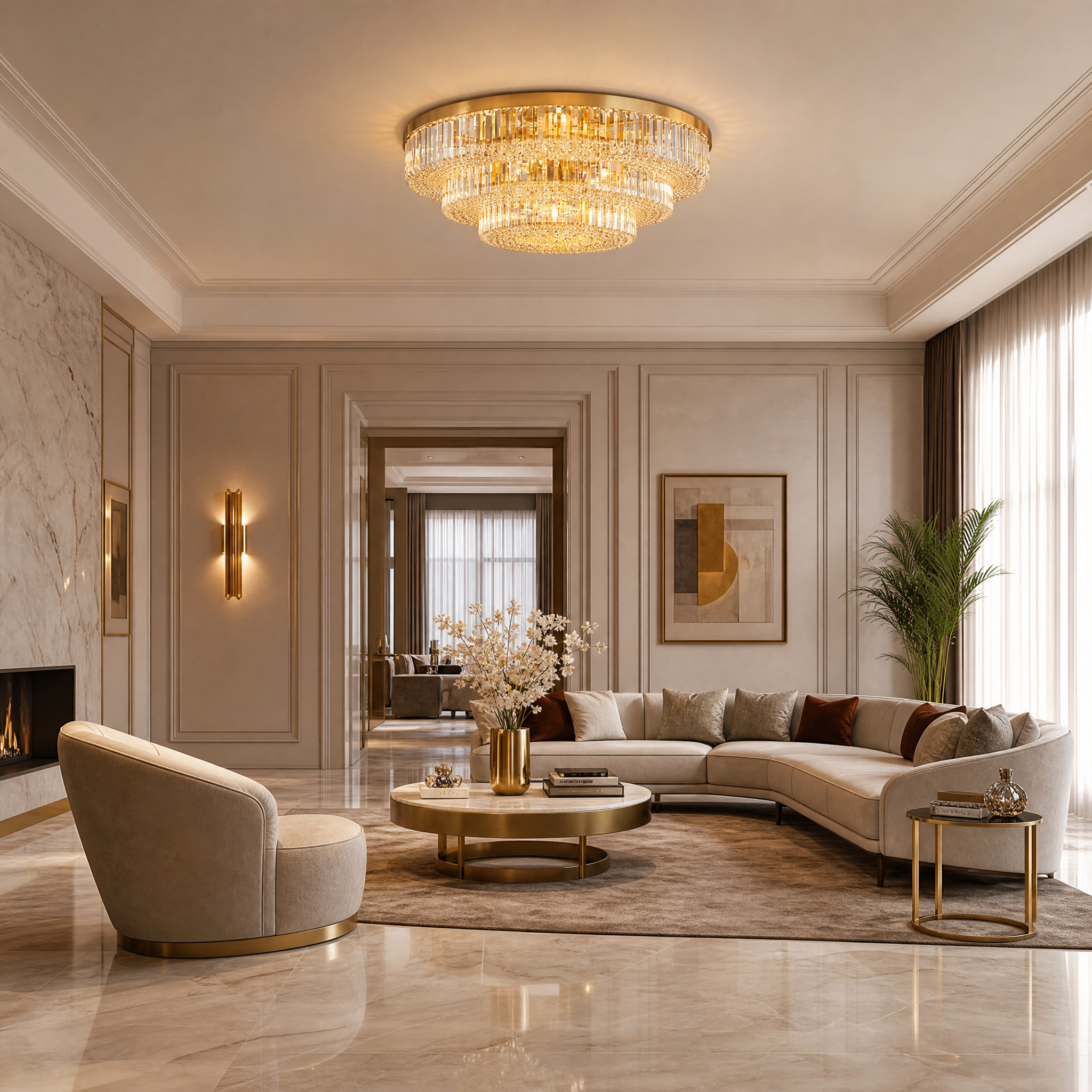 VORELLI Merlimont luxury crystal ceiling light installed in an elegant, upscale living room setting.