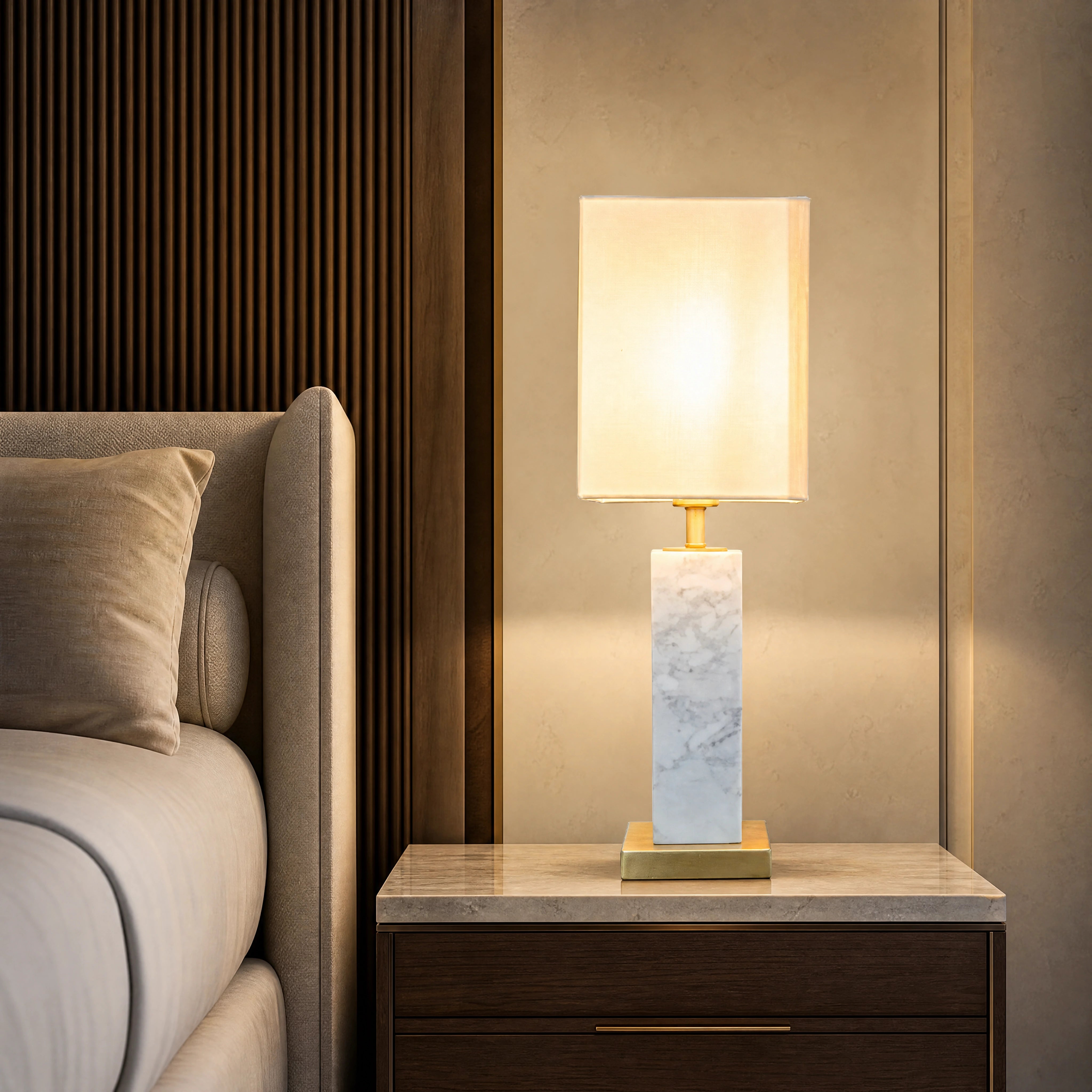 Micevo White Marble Column Table Lamp UHNW private residence luxury lifestyle image by VORELLI