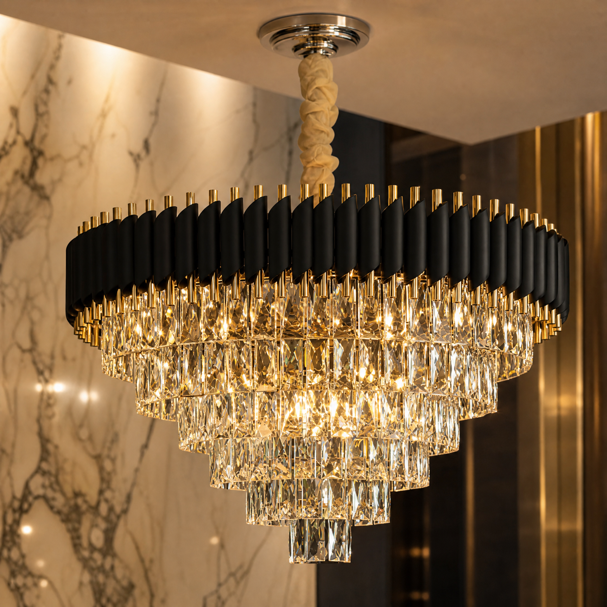 Detailed close-up of the VORELLI Milltimber circular chandelier showing intricate sleek cylinder tubing and radiant rectangle crystals.