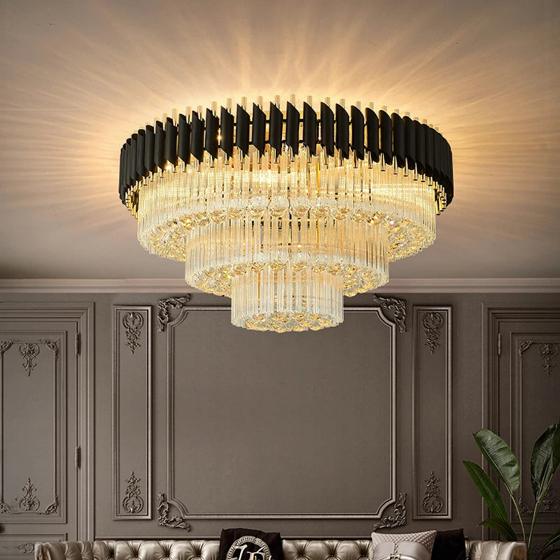 VORELLI Milltimber Grandeur crystal ceiling light creating a radiant layered glow within an elegant living space