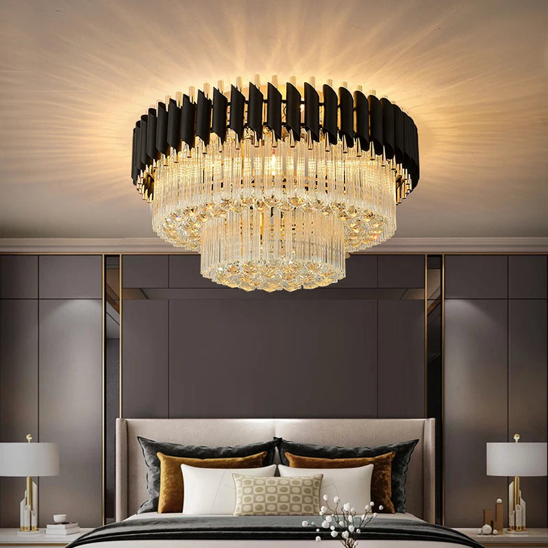 VORELLI Milltimber Grandeur circular ceiling light with cascading diamond-cut crystals in a luxury bedroom interior