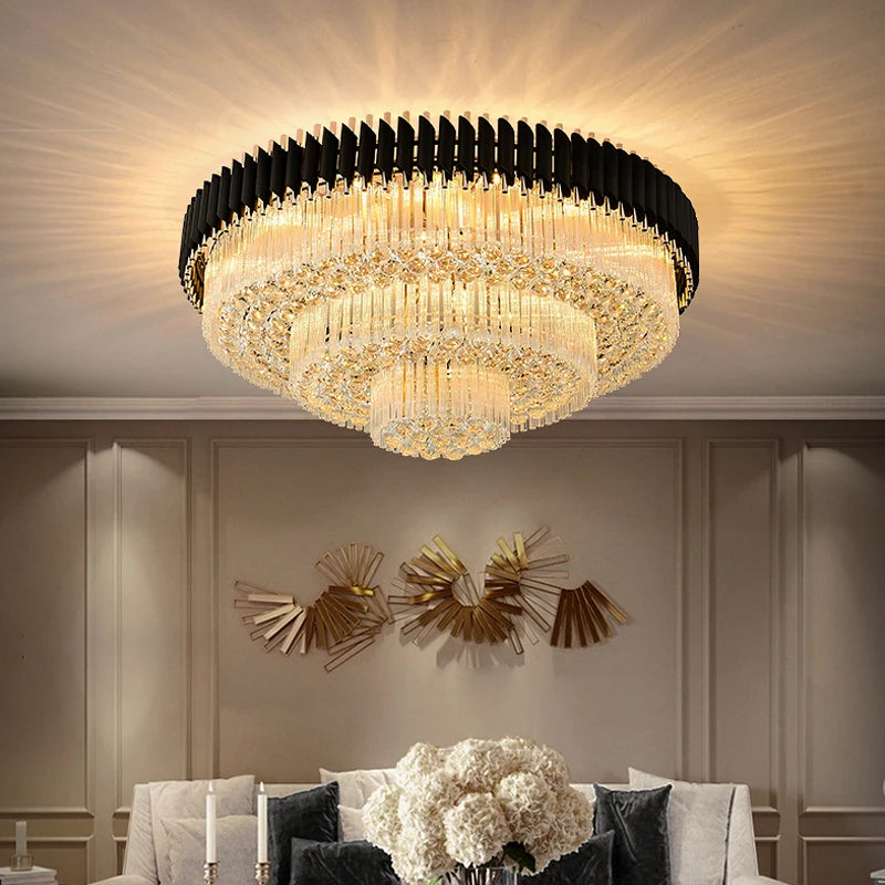 VORELLI Milltimber Grandeur circular ceiling light with tiered crystal brilliance illuminating a sophisticated interior
