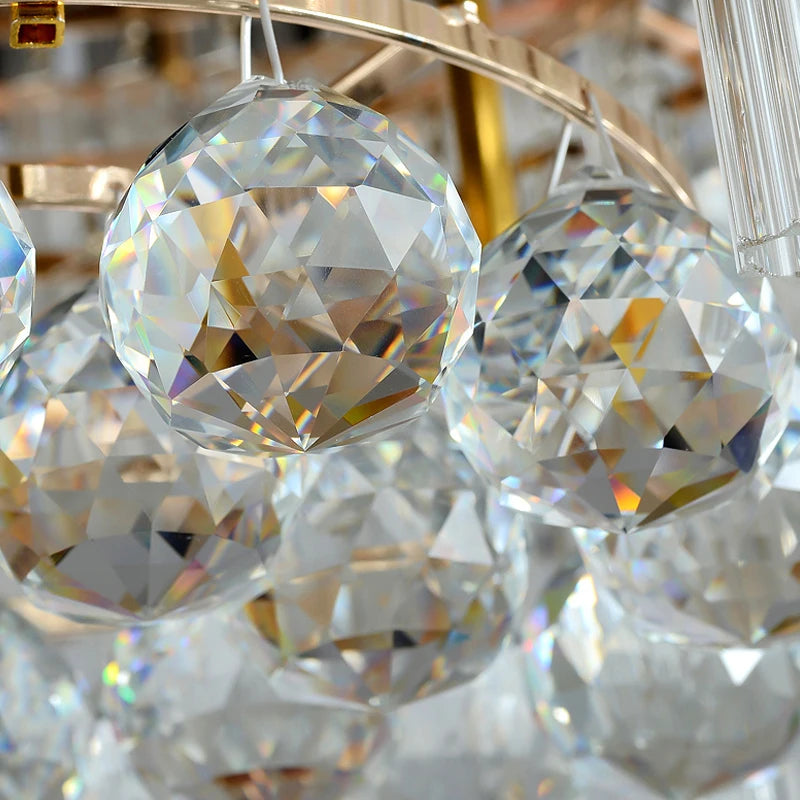 Detailed view of radiant diamond-cut crystal spheres on the VORELLI Milltimber Grandeur circular ceiling light