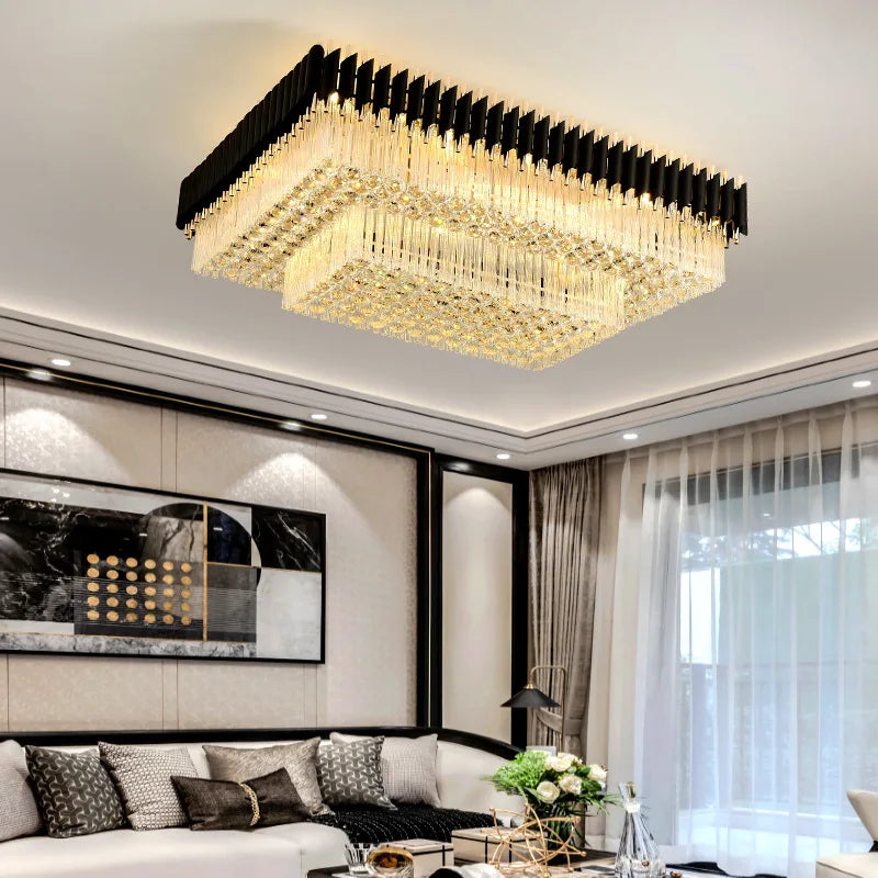VORELLI Milltimber Grandeur rectangular ceiling light with cascading diamond-cut crystals in a luxury living room