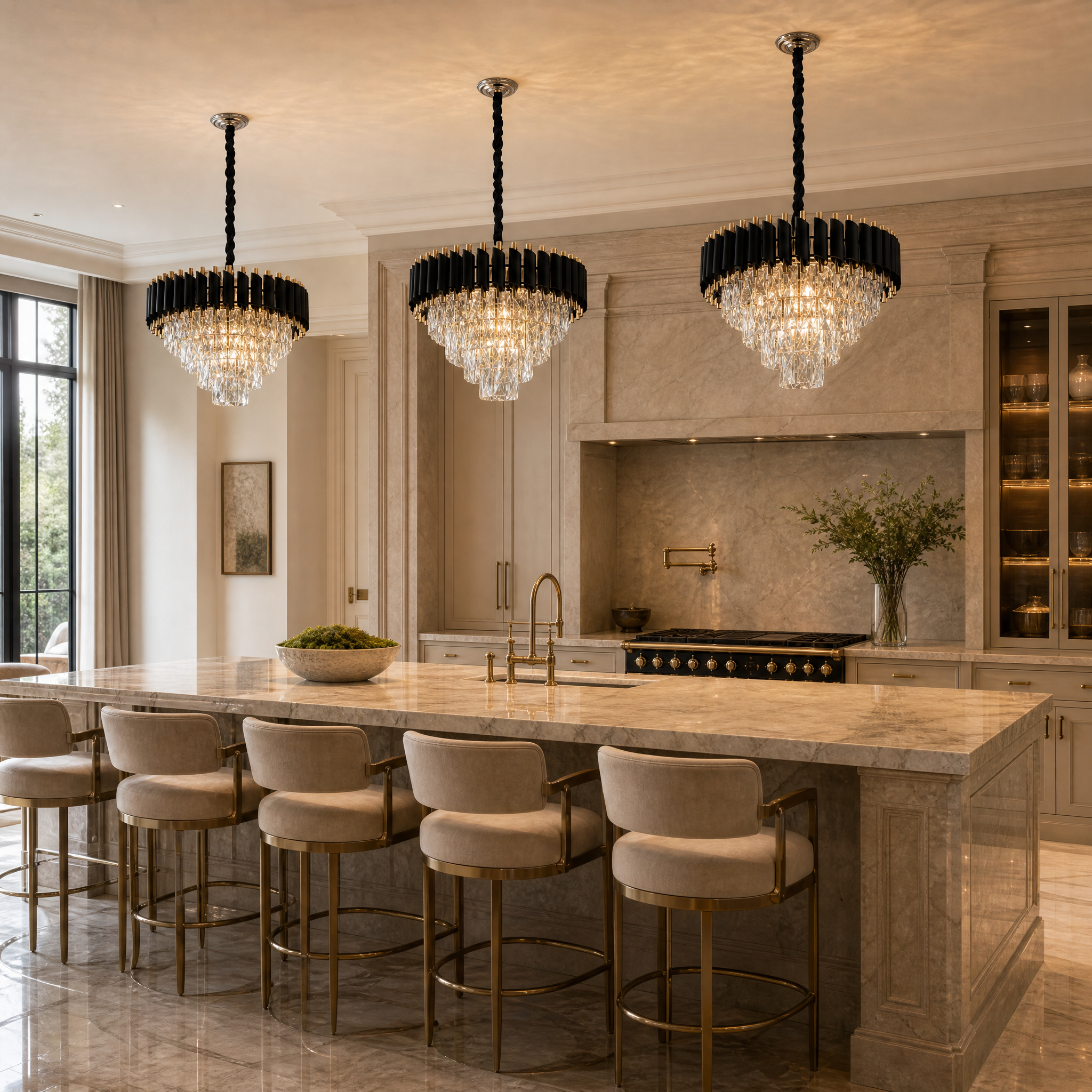 VORELLI Milltimber pendant light illuminating a modern, luxury residential dining area, showcasing its sleek cylinder tubing and refined rectangle crystal accents.