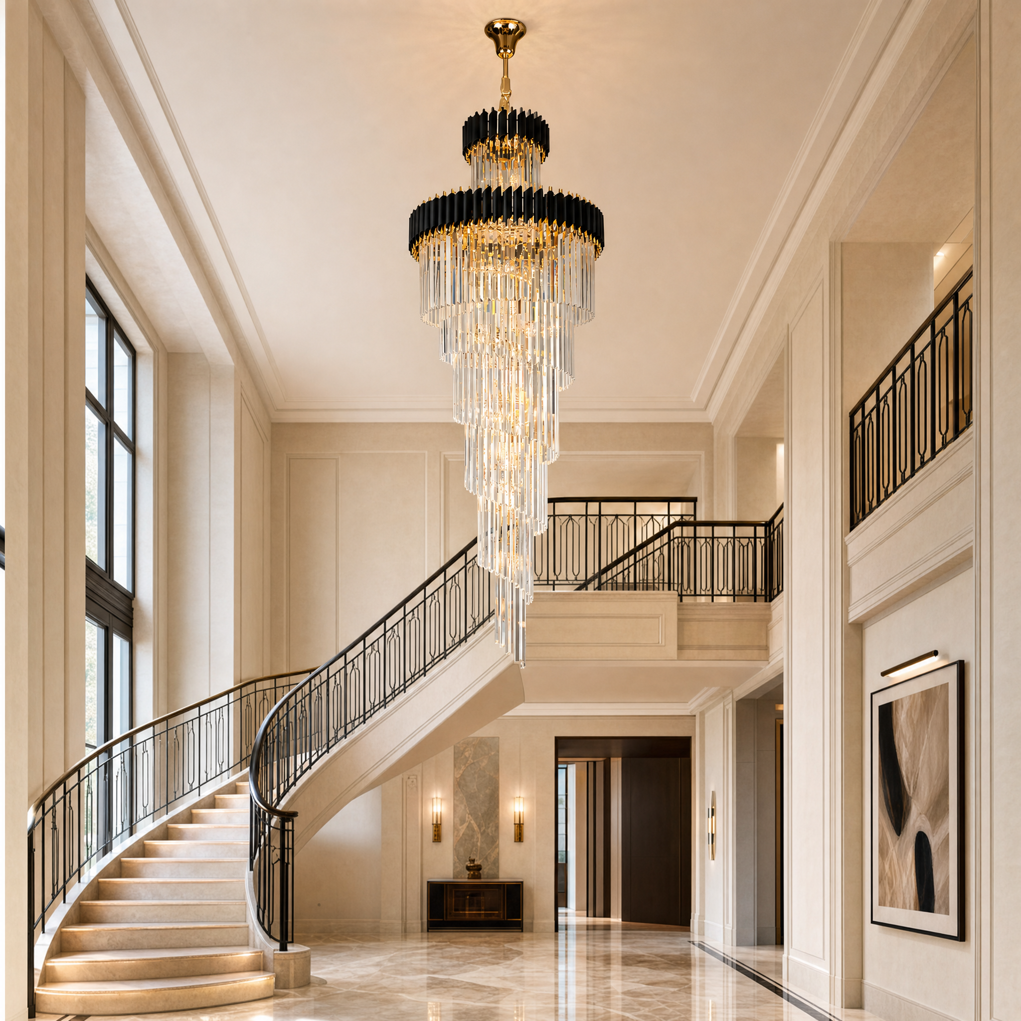 The VORELLI Milltimber spiral staircase chandelier illuminating a luxurious residential living space, showcasing its classical elegance and two-tier modern design.