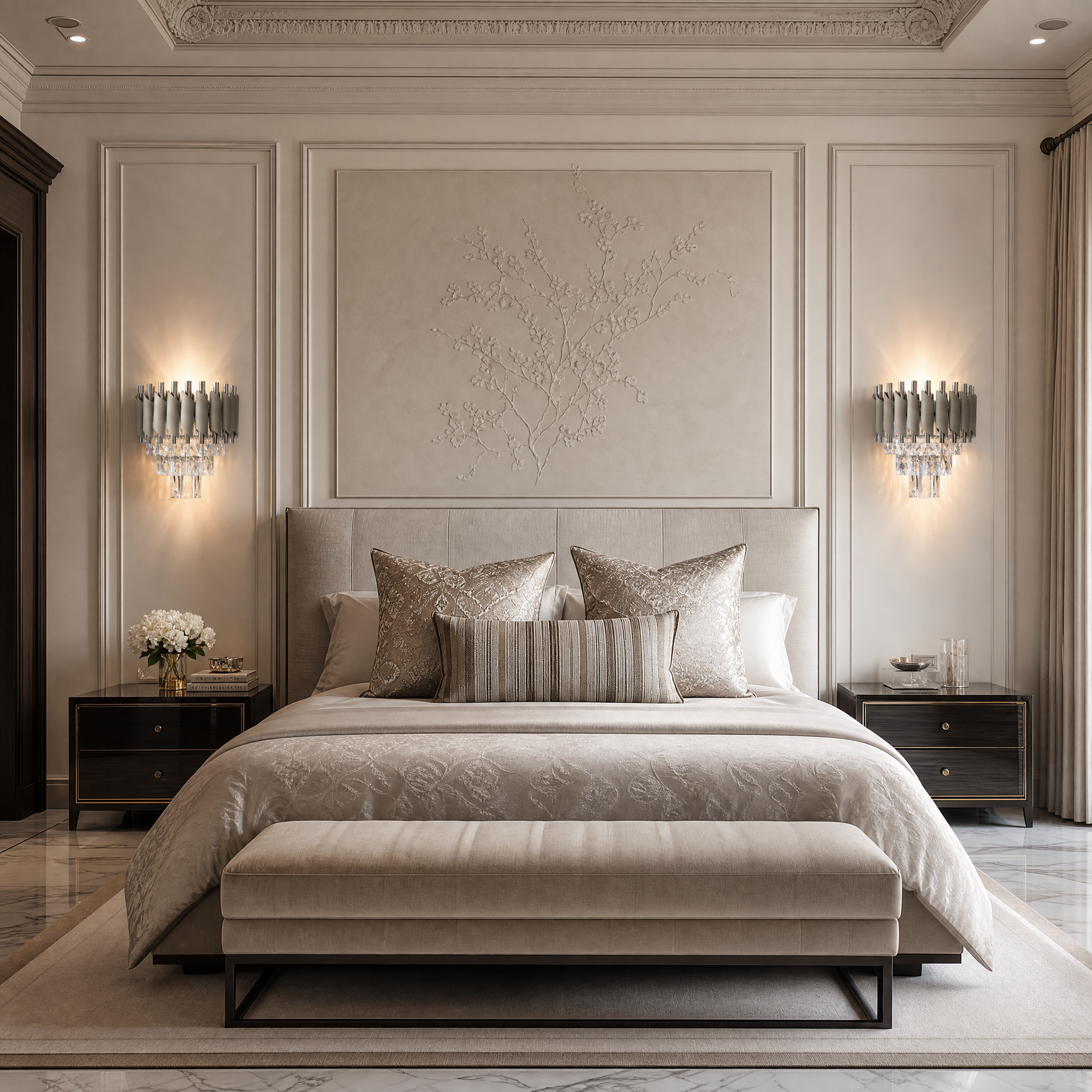 The Milltimber Wall Light by VORELLI installed in a luxury residential living room, showcasing its modern crystal design and warm ambient glow against a contemporary accent wall.