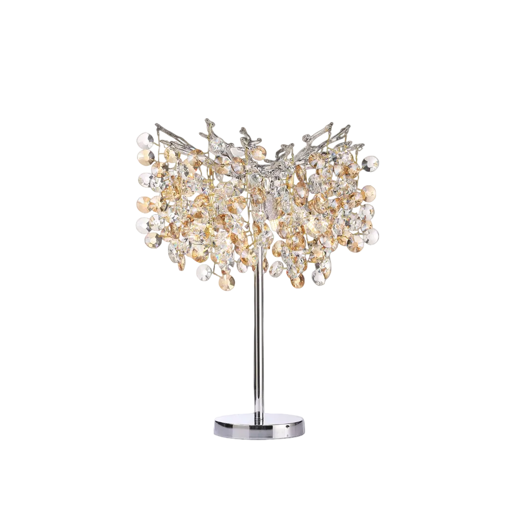 VORELLI® Mimosa table lamp with organic branching structure and suspended faceted crystal droplets on white background