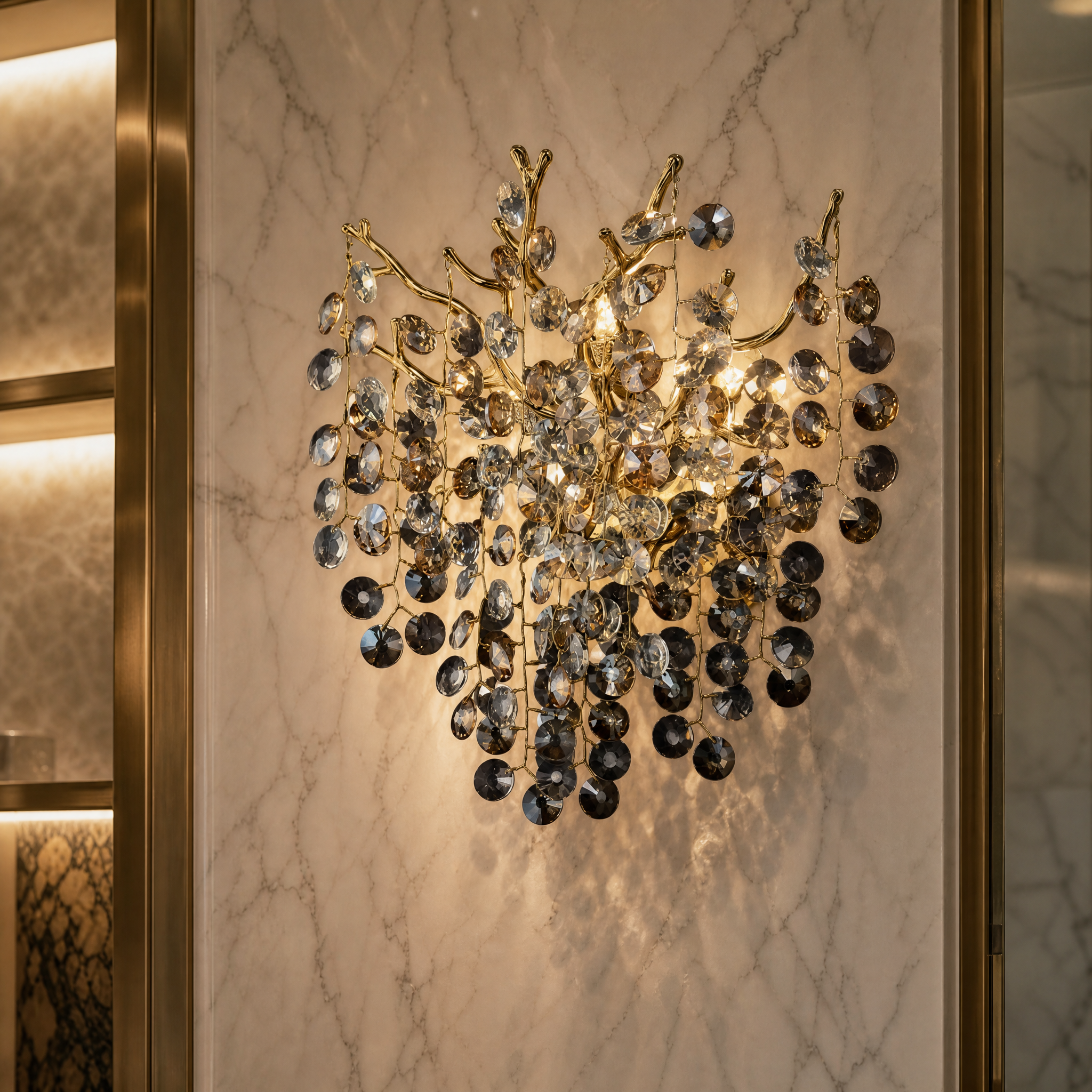 Close-up detailed view of the VORELLI Mimosa wall light, highlighting the delicate branching arms and cascading faceted crystal discs.