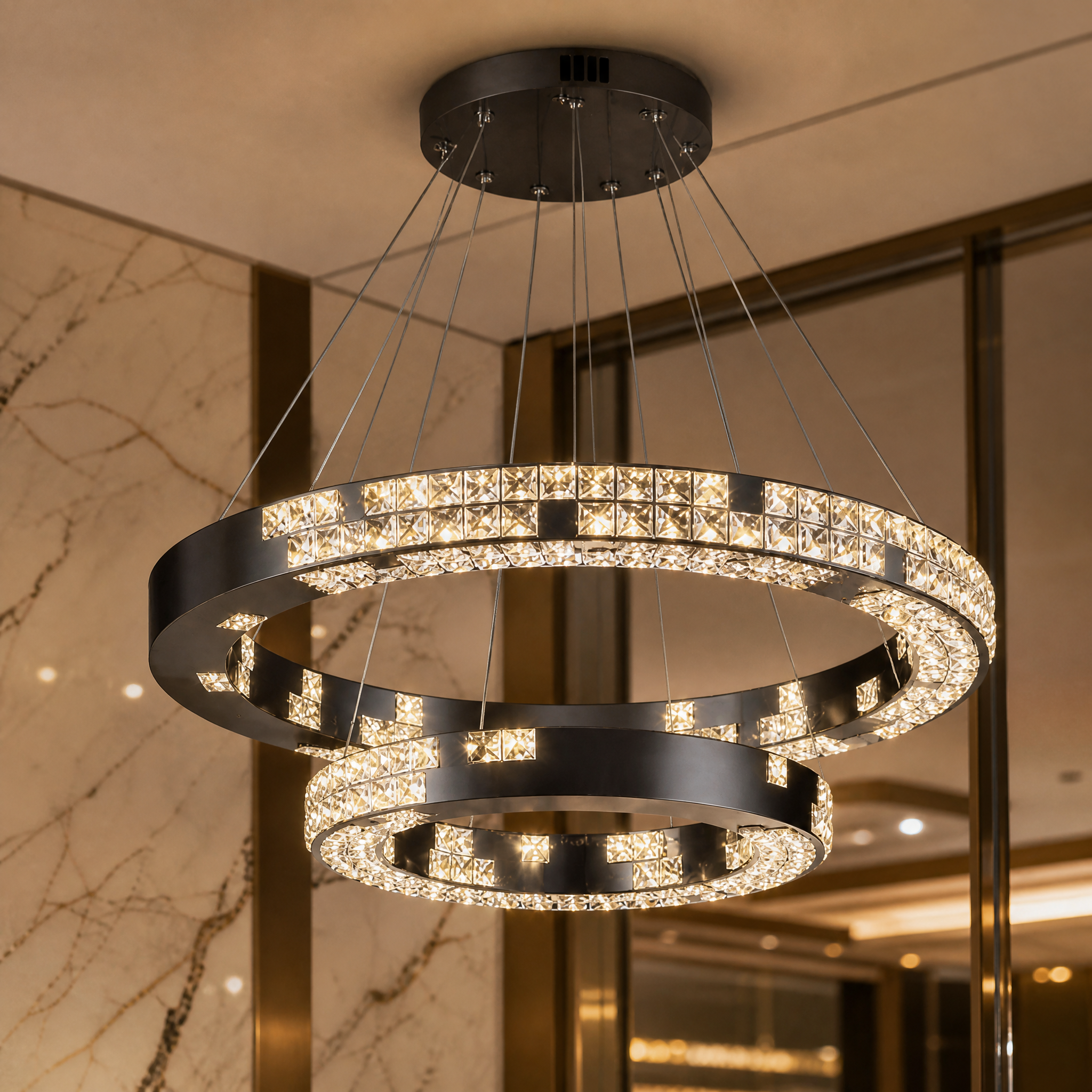 Close-up detail of the diamond-cut crystals on the VORELLI Minato double circular chandelier, showcasing refined luxury and precision craftsmanship.