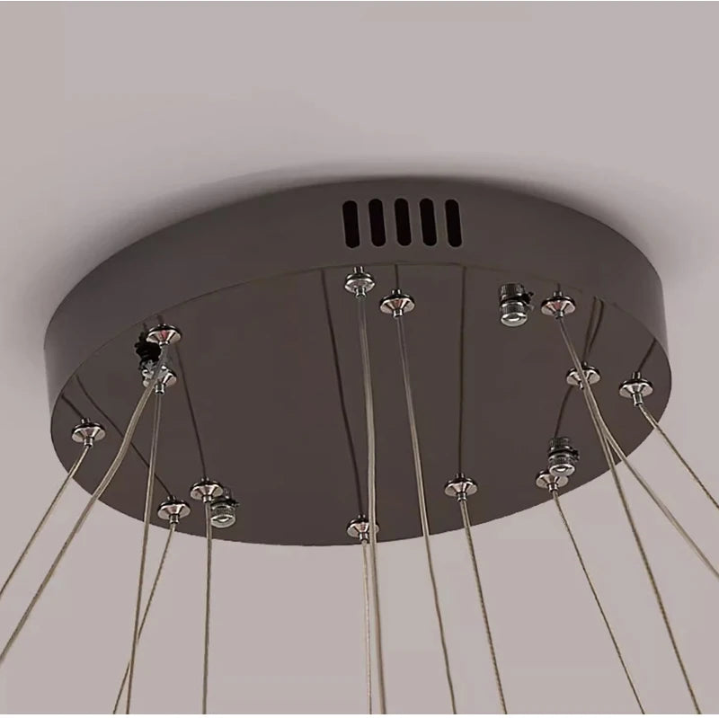 VORELLI® Minato double circular chandelier ceiling plate with suspended cables supporting two crystal ring tiers