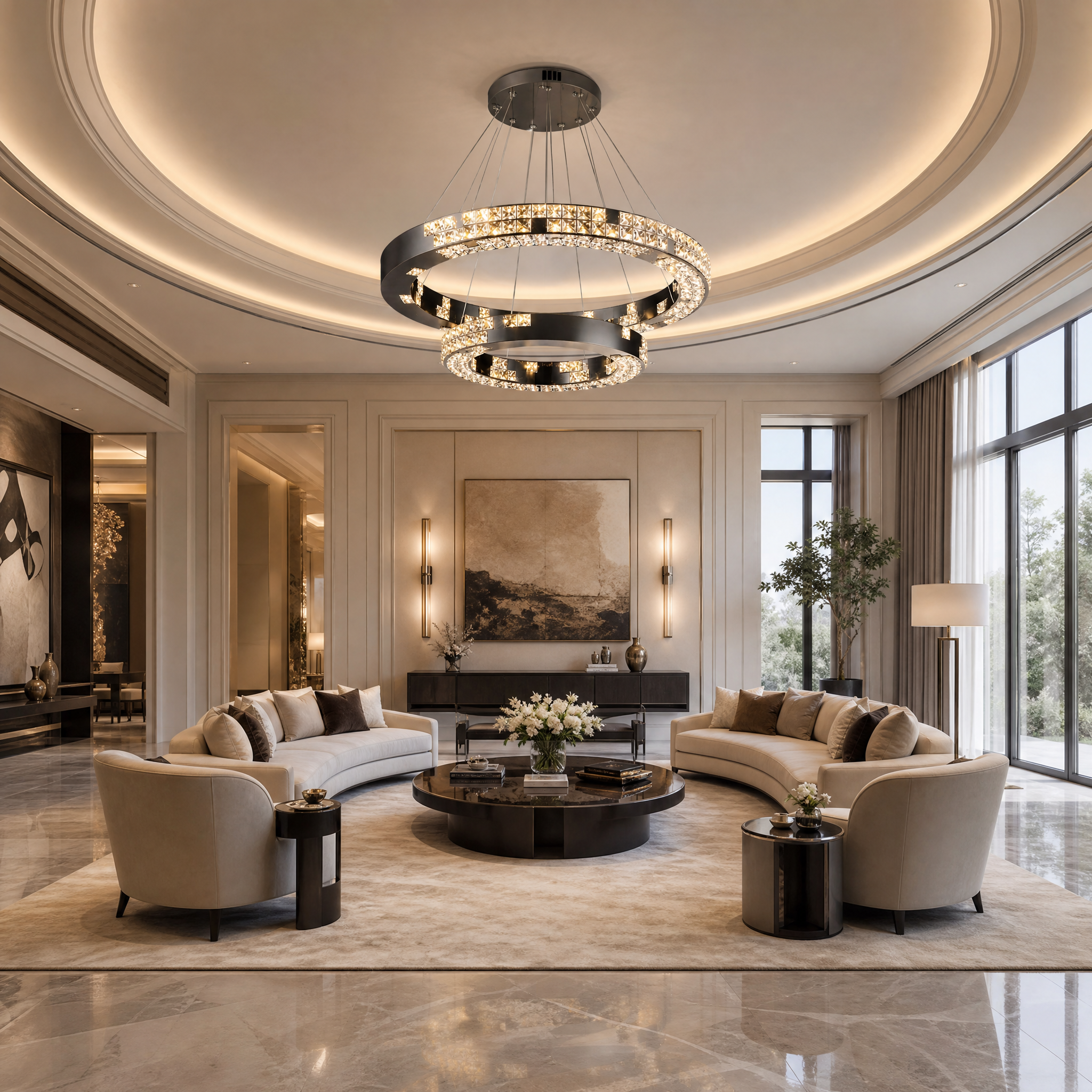 The VORELLI Minato double circular crystal chandelier illuminating a modern luxury residential living room with a warm, sophisticated glow.