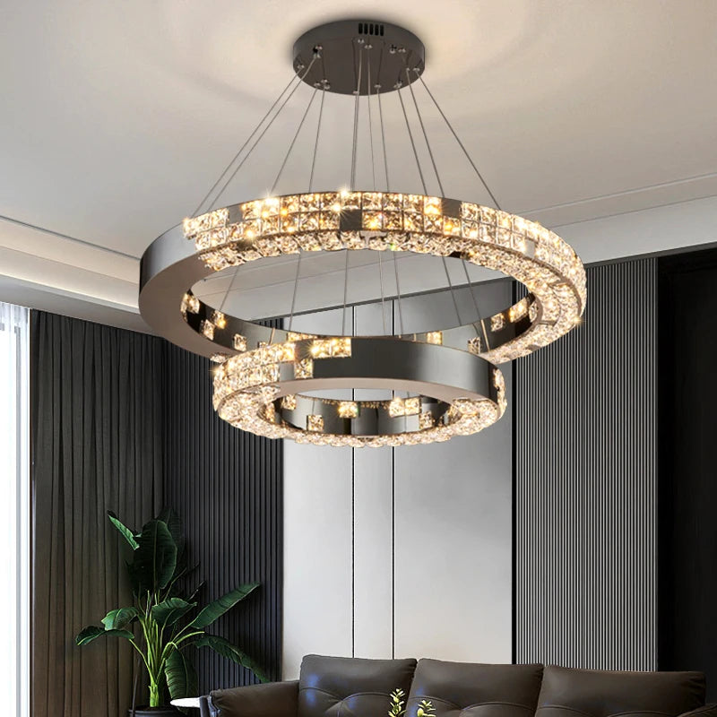 VORELLI® Minato double ring chandelier suspended in modern living room with layered circular crystal tiers