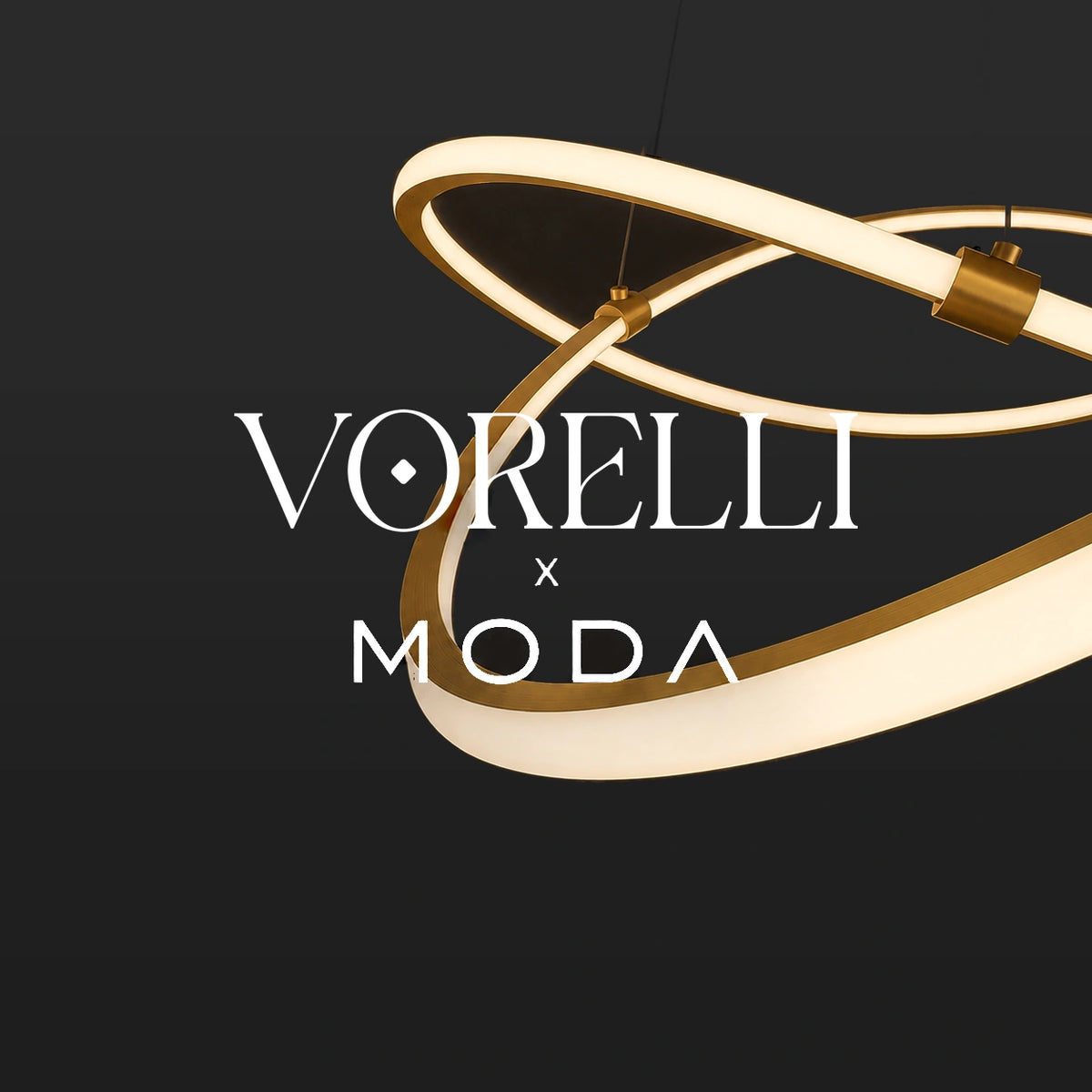 VORELLI® x Moda modern lighting collection — sculptural chandelier with illuminated loops.