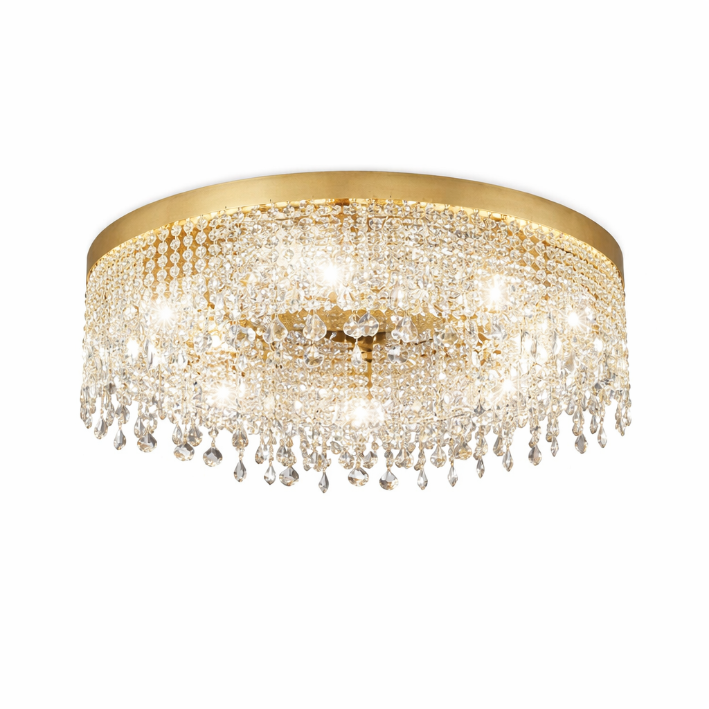 VORELLI® Modesto crystal ceiling light with cascading diamond cut octagon crystal chains in flush mount design on white background