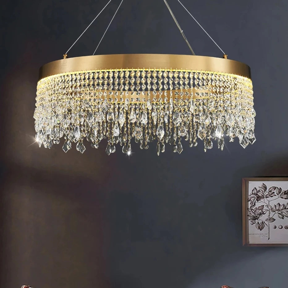 VORELLI® Modesto modern round chandelier illuminating refined interior with layered crystal detailing