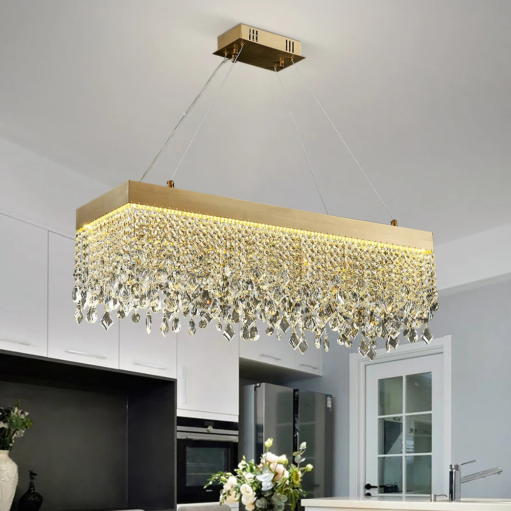 VORELLI® Modesto luxury rectangular chandelier suspended above dining area adding refined contemporary ambience