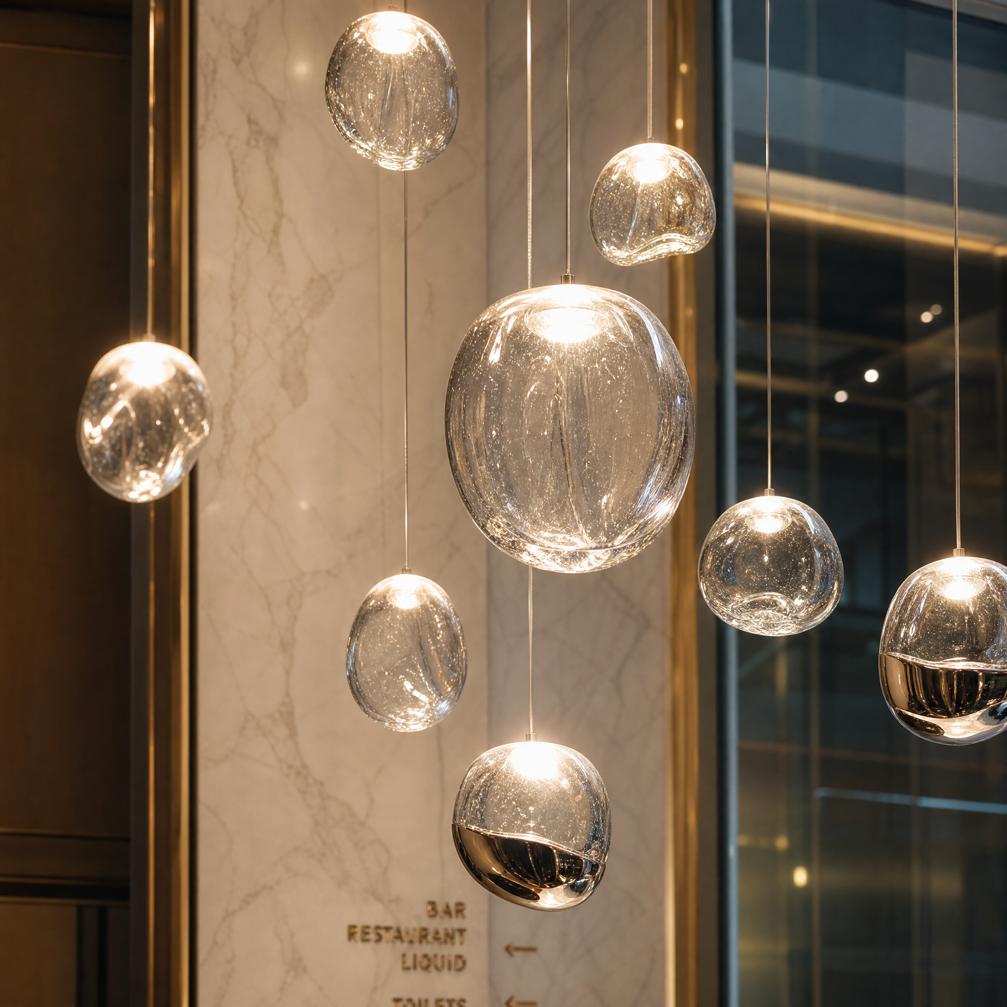 Close-up detail of the VORELLI Molten Pebble fixture, showcasing the fluid texture of the organic glass forms suspended in a soft, subtle glow.
