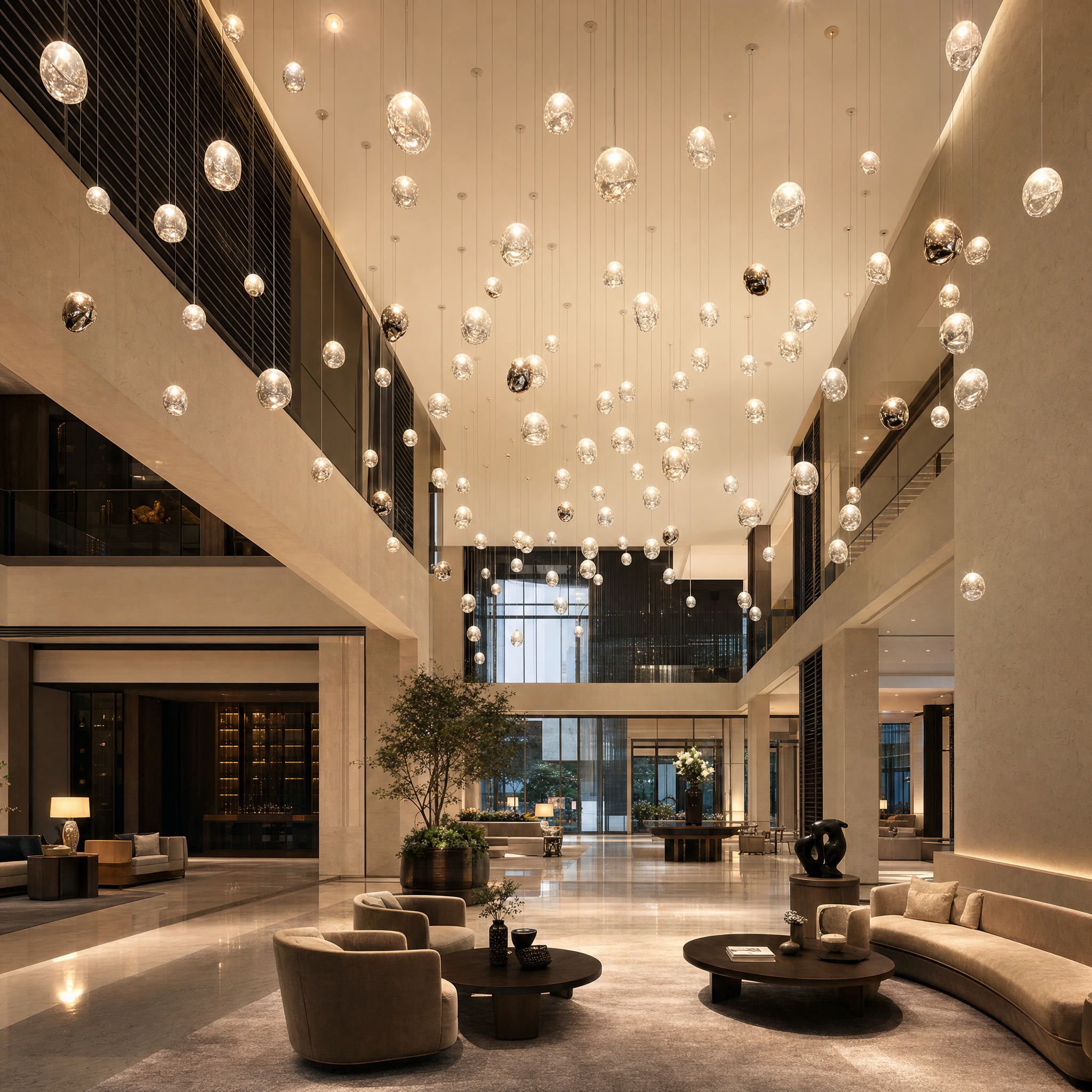 Large-scale hospitality lobby featuring the VORELLI Molten Pebble glass installation, casting a refined and understated glow over a contemporary reception area.