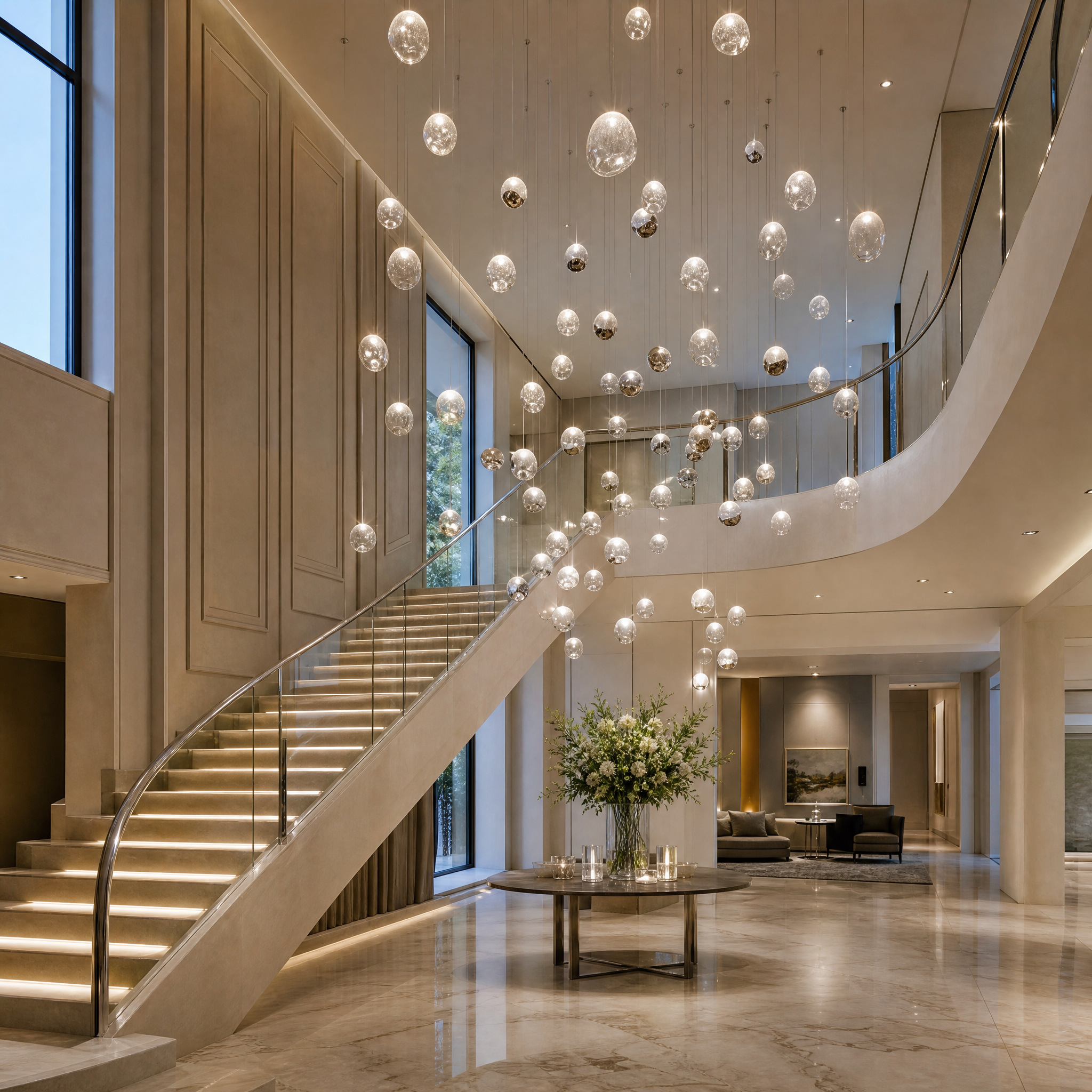 VORELLI Molten Pebble modern glass pendant light installation creating an organic, scattered composition across a luxury residential living room ceiling.