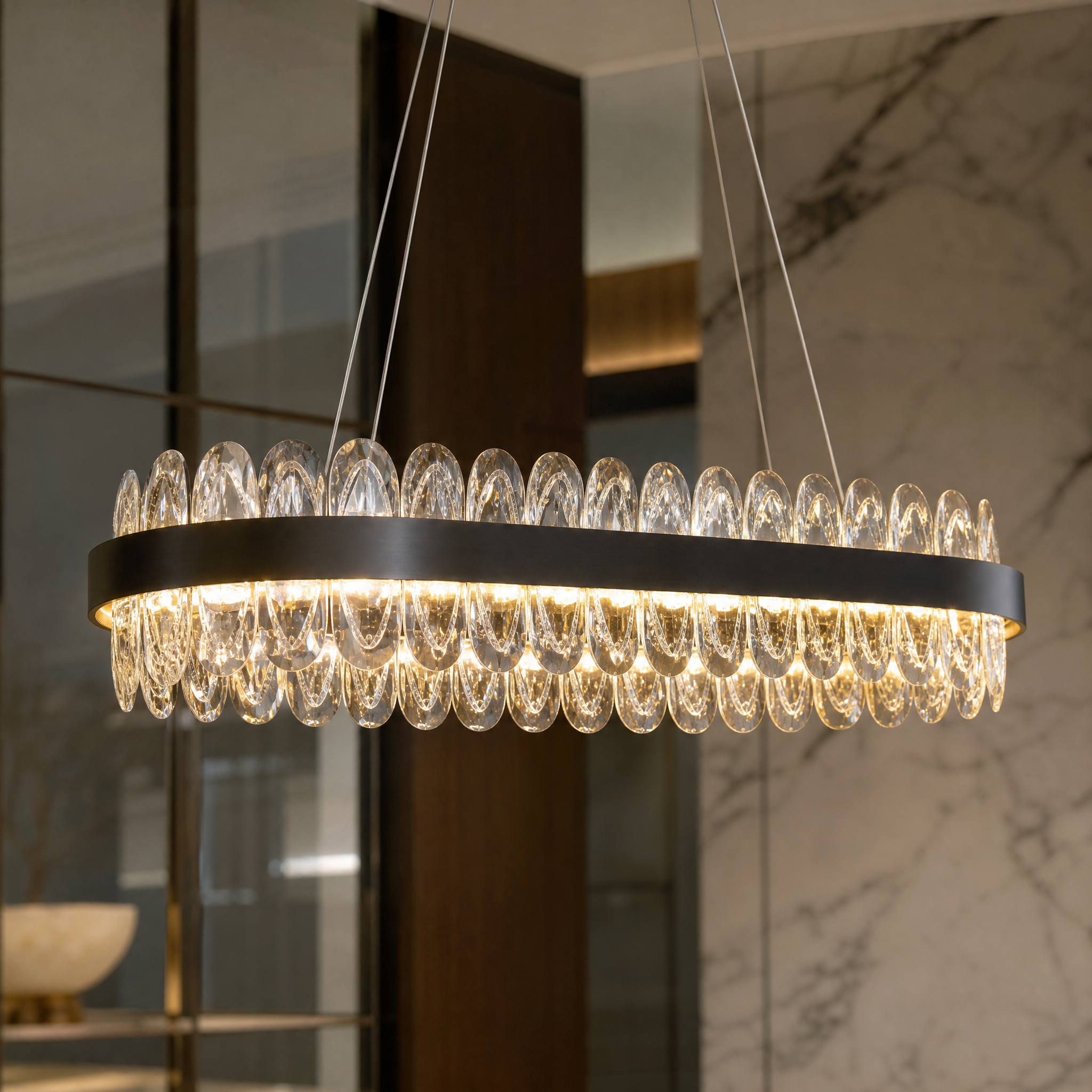 Macro close-up of the premium textured oblong crystals on the VORELLI Monte-Carlo Rectangular Chandelier.