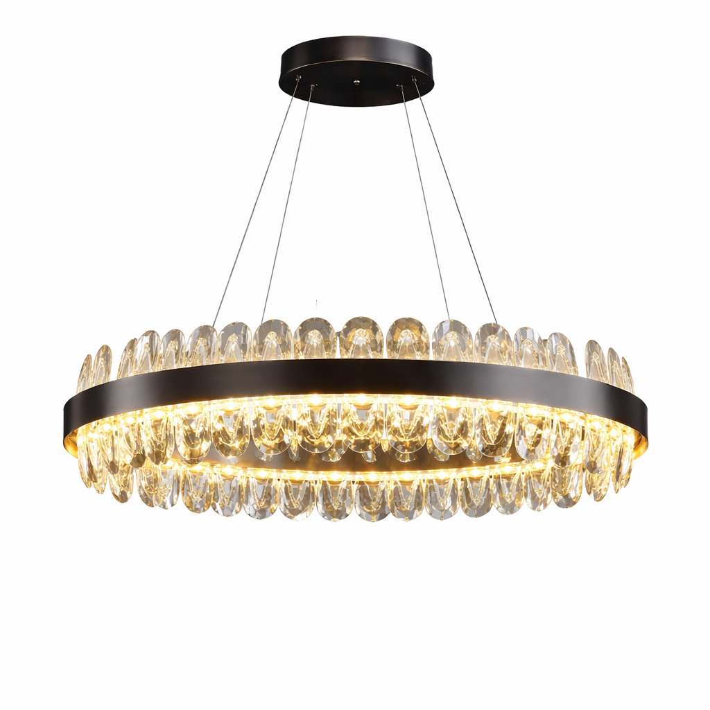 VORELLI® Monte-Carlo circular chandelier with textured oblong crystal halo arranged around round frame on white background