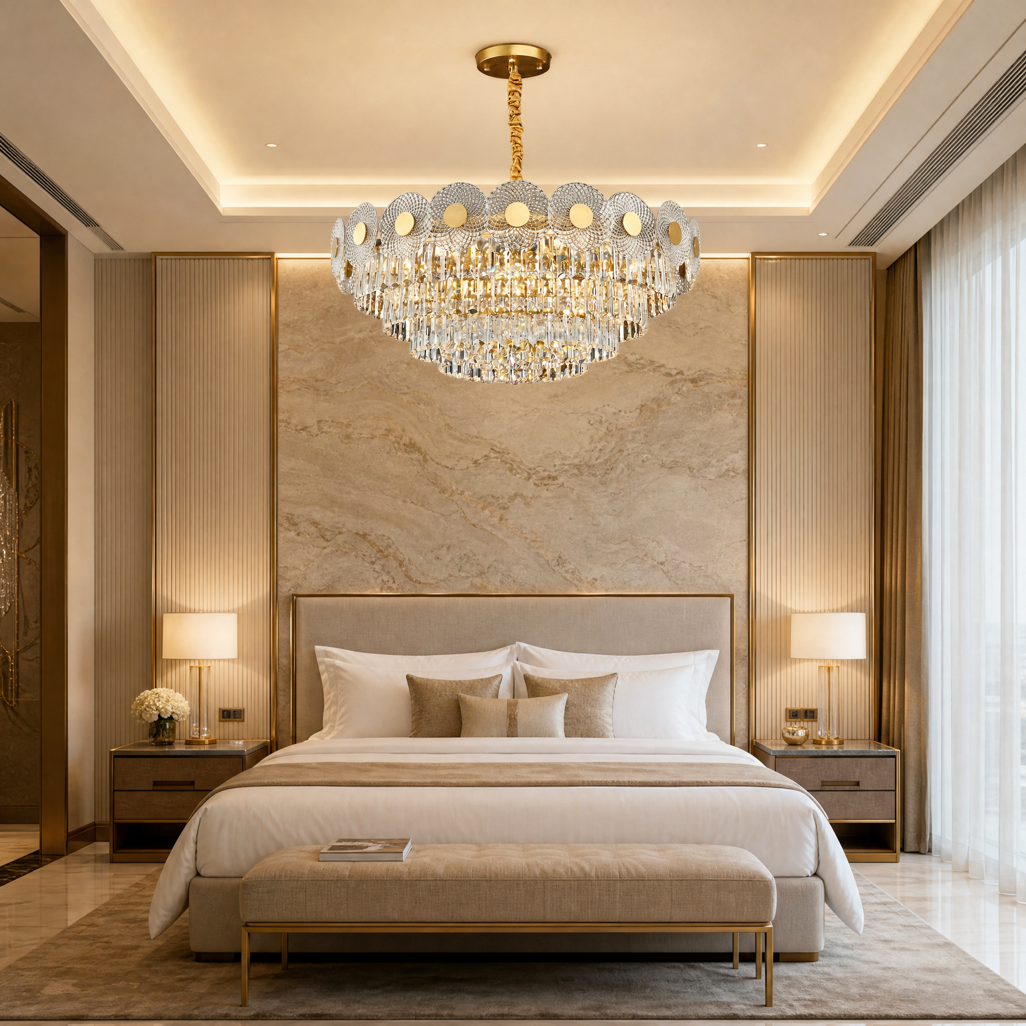A grand hospitality hotel lobby beautifully illuminated by the striking sculptural elegance of the VORELLI Morandi Chandelier.